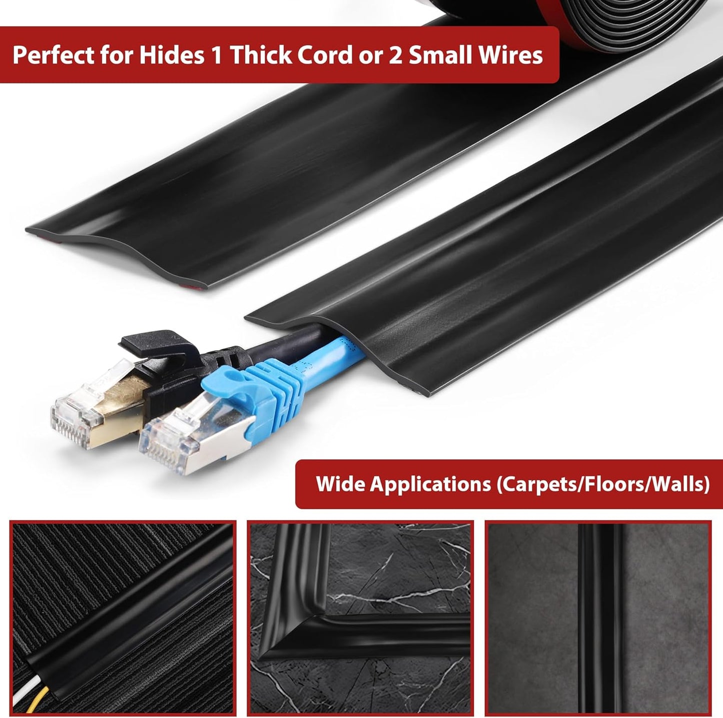 8.2Ft Cord Cover Floor, PVC Cord Covers for Wires on Floor, Soft Floor Cable Cover Cord Hider, Floor Cable Management Cable Protector for Commercial Office Carpet/Floors/Wall Black