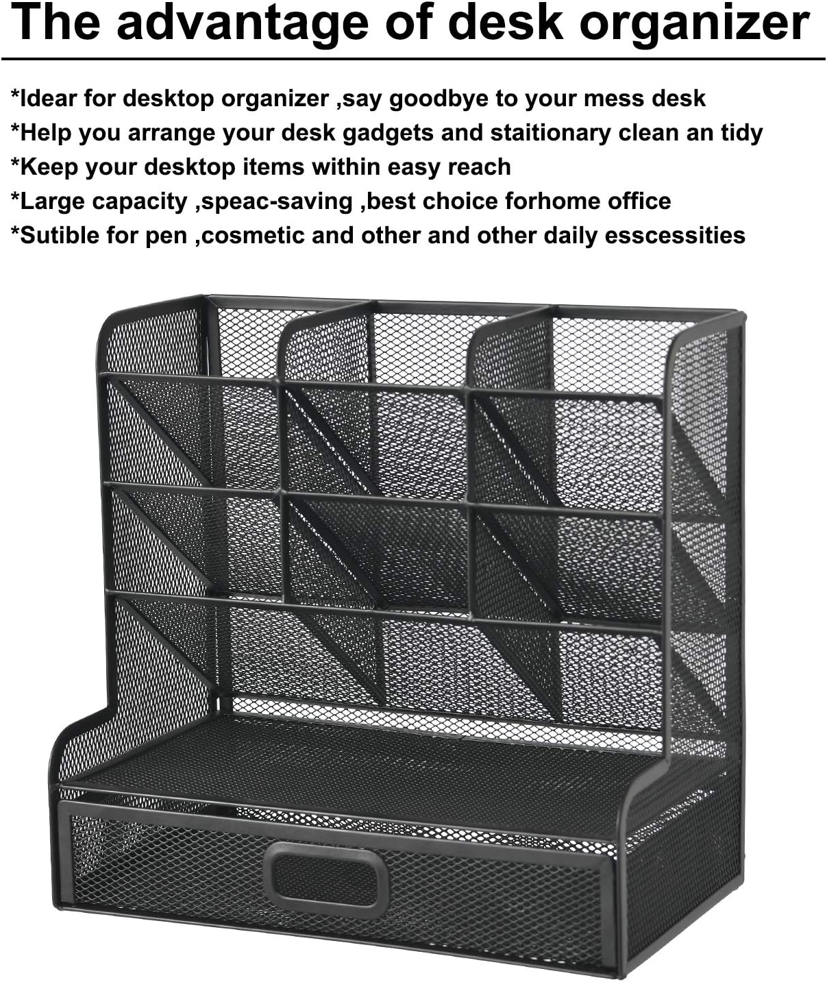 Marbrasse Mesh Pen Holder for Desk, Multi-Functional Pencil Organizer with Drawer, Desk Organizers and Accessories for Office Art Supplies (Large Black)