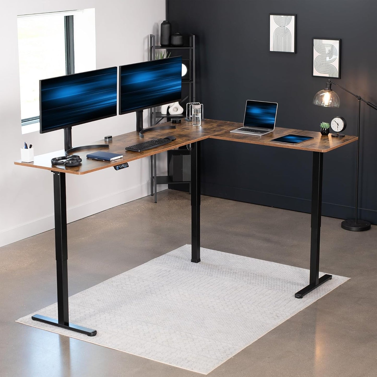 VIVO Electric Corner L-Shaped 84 x 63 in Rustic Standing Desk, Memory Height Adjustment, Vintage Brown Top Black Frame, DESK-E3CTBN-84