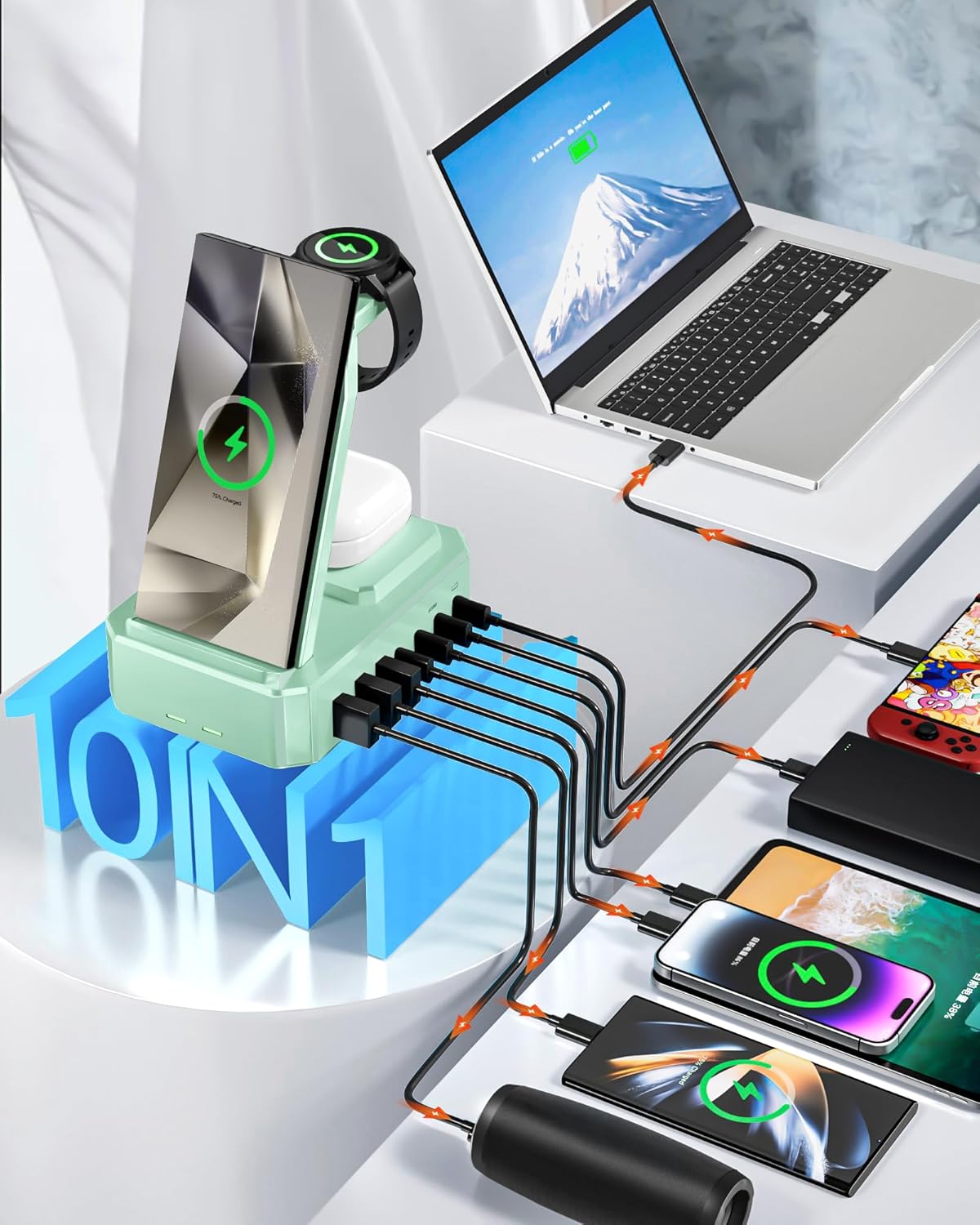 300W Wireless Charger for Samsung,Zutspzss 10 in 1 Wireless Charging Station, 65W USB C Fast Charging Stand for Samsung S25 Ultra/S24/S23/S22/Z Fold,Galaxy Watch Ultra7/6/5,Galaxy Buds,Green