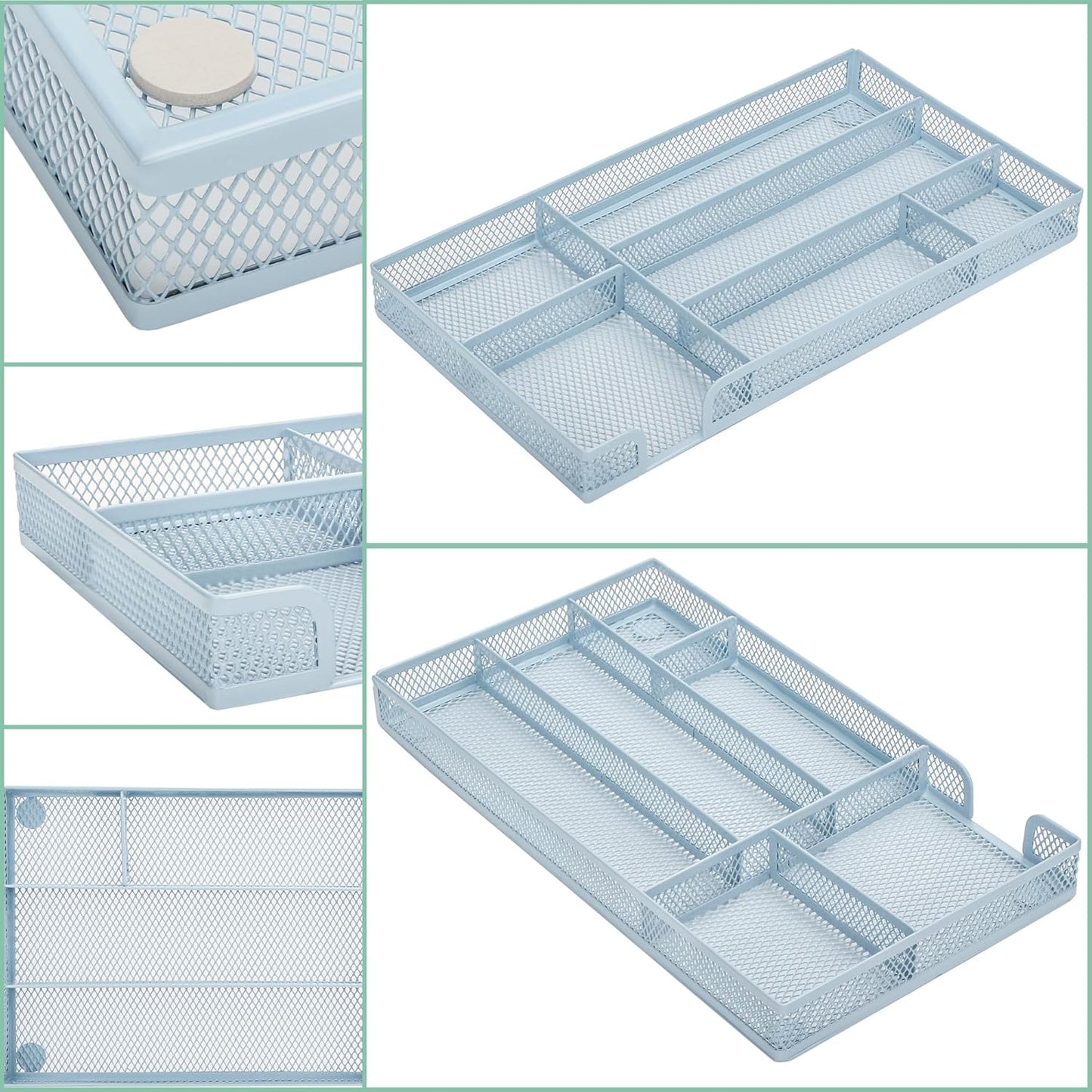 Annova Desk Drawer Organizer/Storage Tray - Metal Mesh with Dividers for Pens, Desktop Accessories, Bathroom, Kitchen, Makeup and Office Supplies (Small, Morandi Blue)