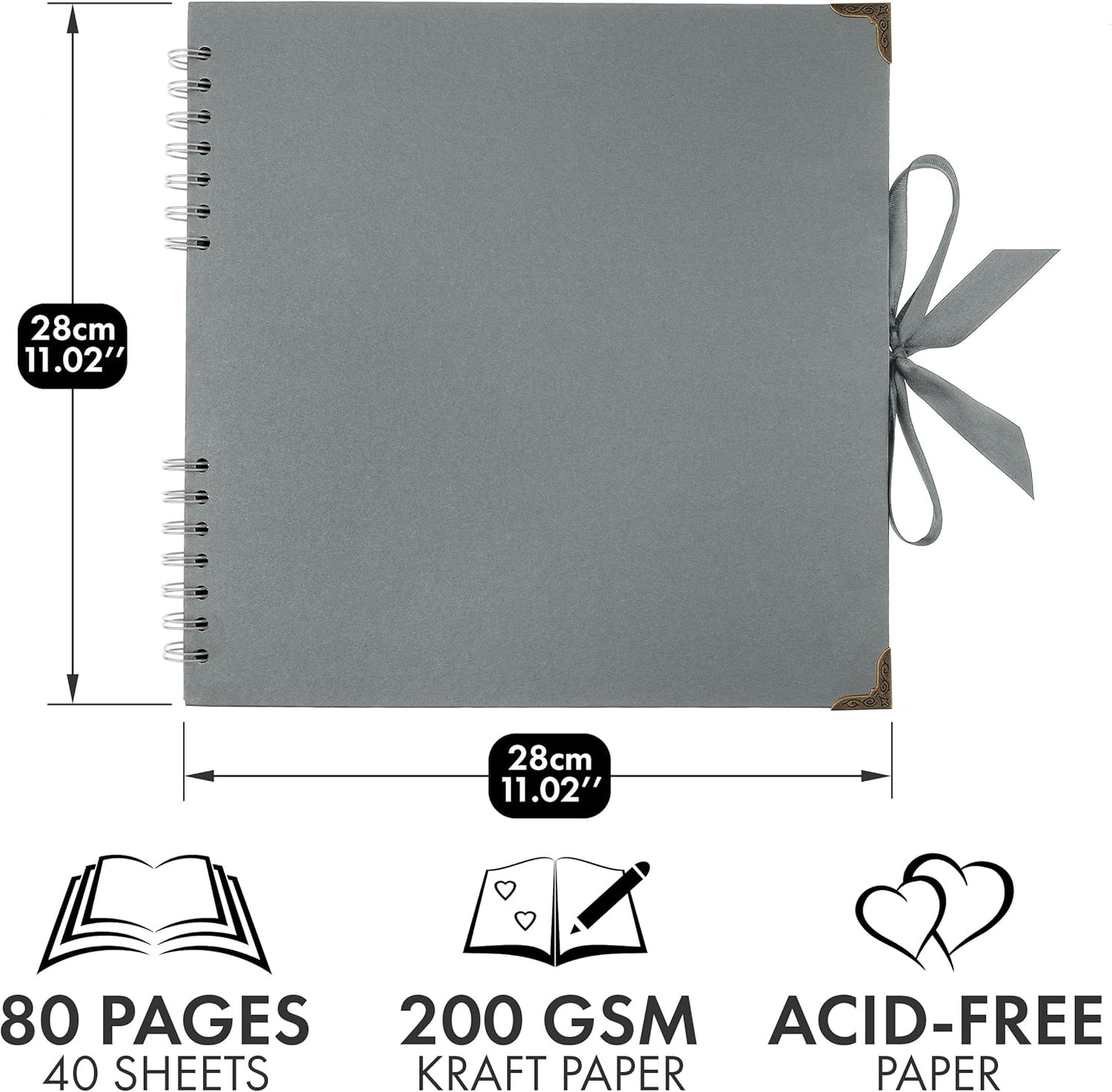 Bstorify Square Scrapbook Photo Albums 80 Pages (11 x 11 Inch) Grey Thick Paper, Hardcover, Ribbon Closure - Ideal for Your Scrapbooking Albums, Art & Craft Projects (Grey, 11 x 11 Inch)