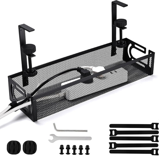 Under Desk Cable Management Tray with No Drill Installation, Power Strip Holder & Wire Organizer Storage Rack for Desk, Office, Home (L-Black)