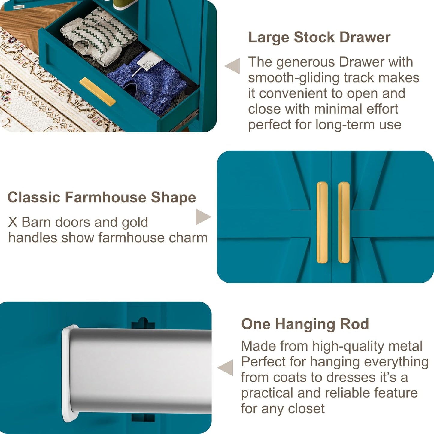 Metal Wardrobe Cabinet,71 Armoire Wardrobe Closet with Drawers and Hanging Rod,Metal Armoire with Adjustable Shelves for Closet,Bedroom,Farmhouse Storage Cabinet with Drawer(Blue)