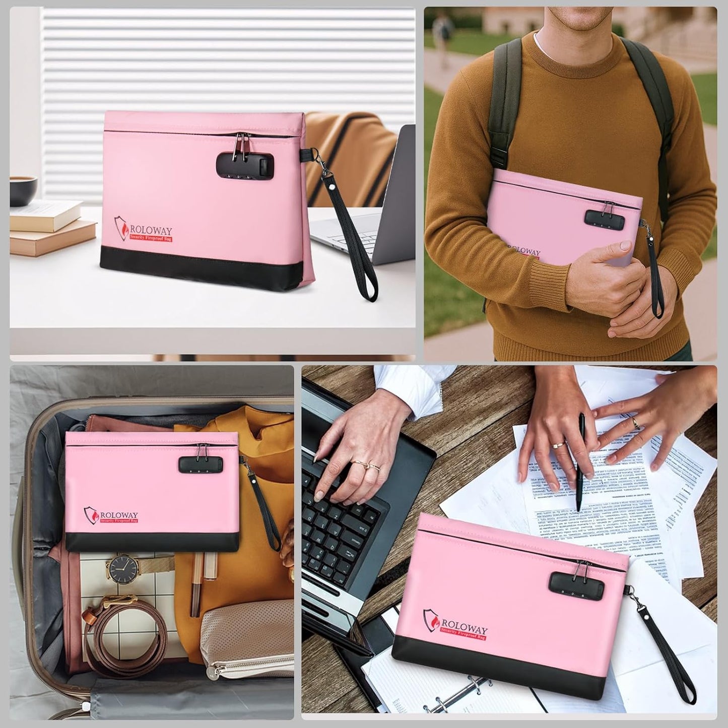 ROLOWAY Fireproof Money Bag with Lock for Cash, 6400°F Fire Proof Document Bag (12.2 x 8.5 x 1.6 inches), Money Pouch with Zipper (Pink)