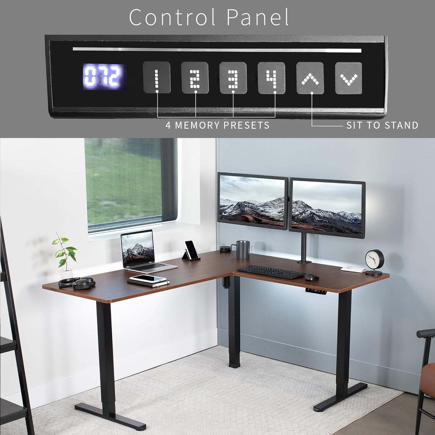 VIVO Electric Corner L-Shaped 63 x 55 in Standing Desk, Memory Height Adjustment, Dark Walnut Top Black Frame, DESK-E3CTD