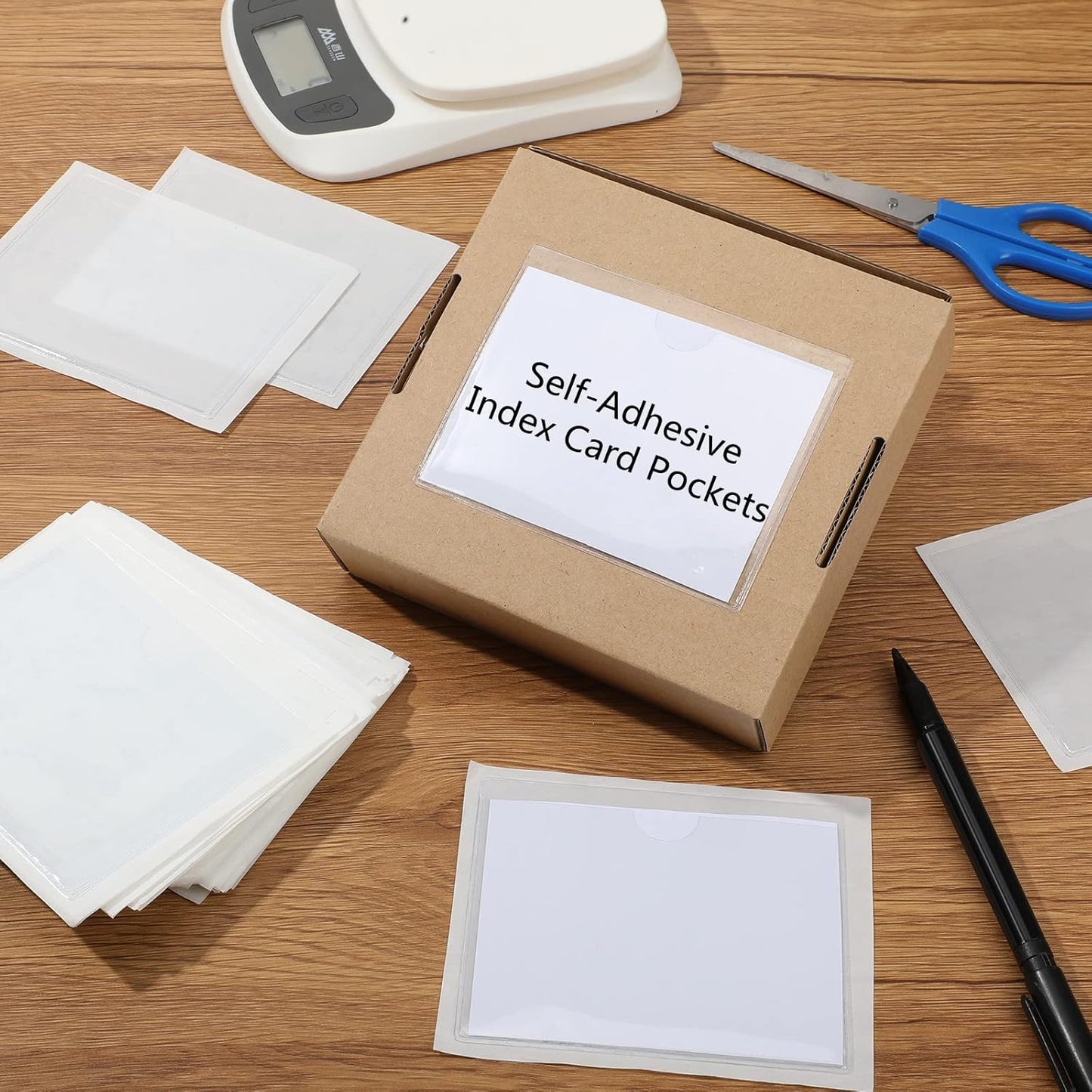 Outus 500 Pack Self Adhesive Index Card Holder Clear Plastic Label Pockets with Top Open for Loading Sticky Business Card Sleeves for Storage Bins Library Organizing Photo Protecting(3.5 x 4.4 Inch)