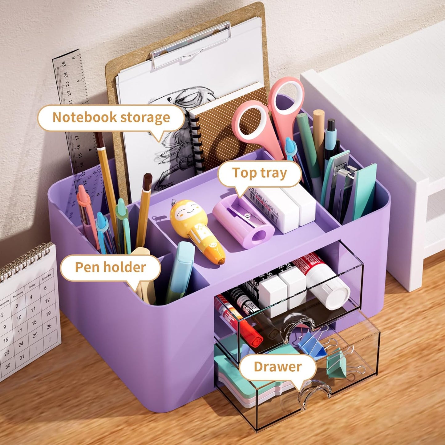 Marbrasse Pen Organizer with 2 Drawer, Multi-Functional Pencil Holder for Desk, Desk Organizers and Accessories with 5 Compartments + Drawer for Office Art Supplies (Purple)
