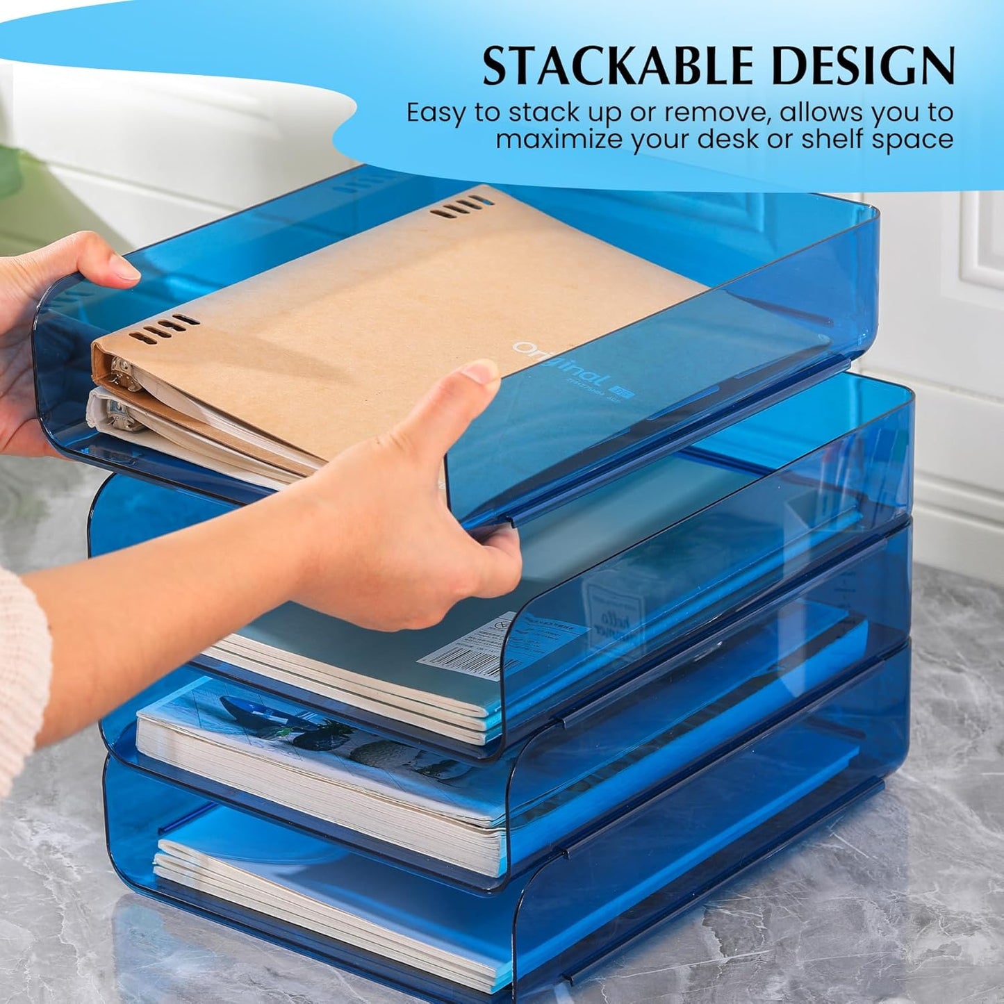 2 Pack Stackable Paper Tray File Organizer for Desk, Office Organizer and Storage for Desk Accessories, Notes, Books, File Paper, Document, Blue