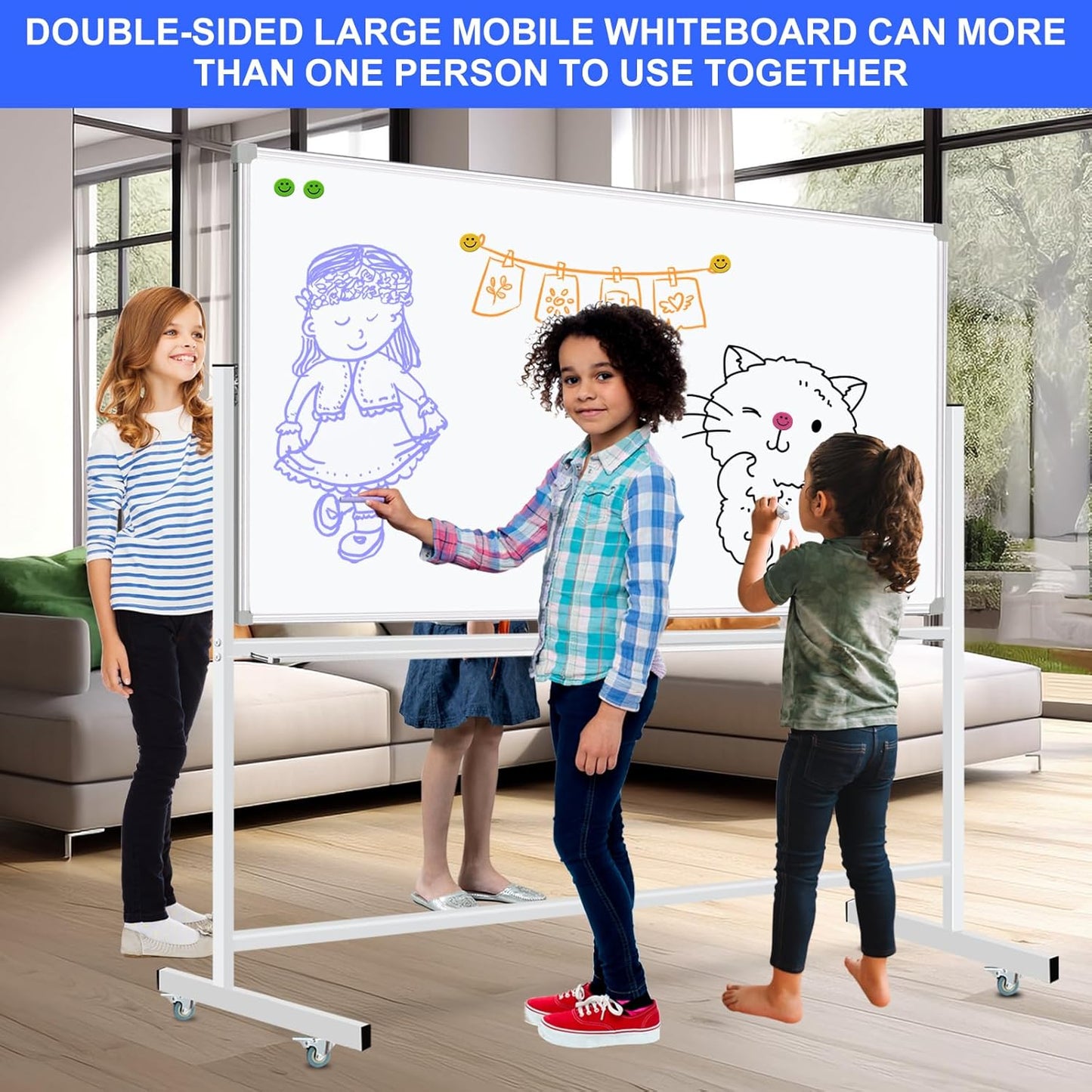 Mobile Magnet Whiteboard with Stand 60x36 Double-Sided Dry Erase Board with Stand - Magnetic Portable Standing Whiteboard - 5' x 3' Rolling White Boards with Easy Flip Feature