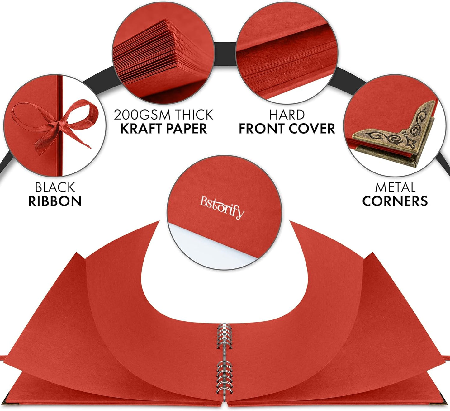 Bstorify Square Scrapbook Photo Albums 50 Pages (11 x 8.5 Inch) Red Thick Paper, Hardcover, Ribbon Closure - Ideal for Your Scrapbooking Albums, Art & Craft Projects (Red, 11 x 8.5 Inch)