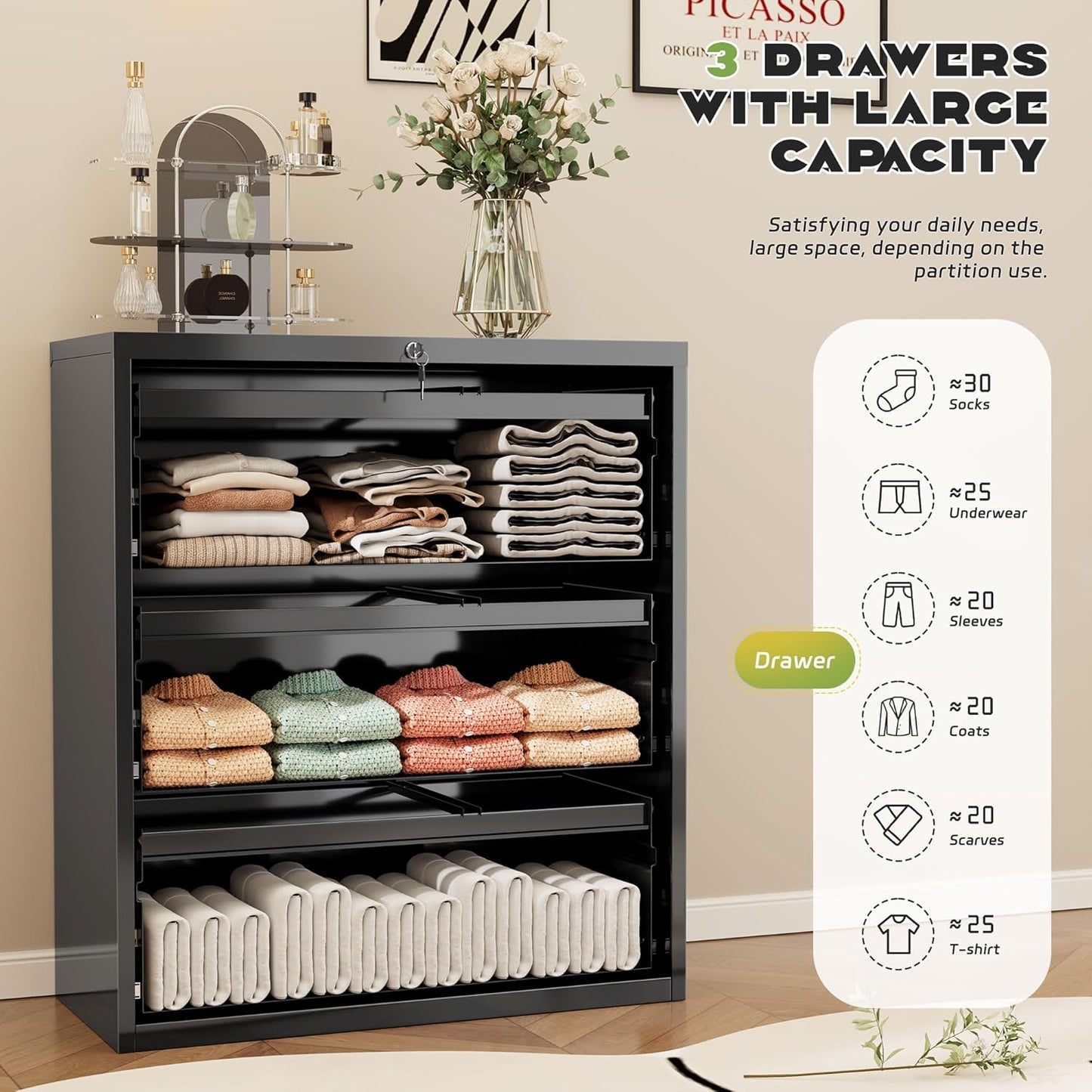 Superday Lateral File Cabinet 3 Drawer Metal File Cabinet with Lock, Black Filing Cabinets for Home Office, Locking Filing Cabinets Hanging Files Letter/Legal/F4/A4