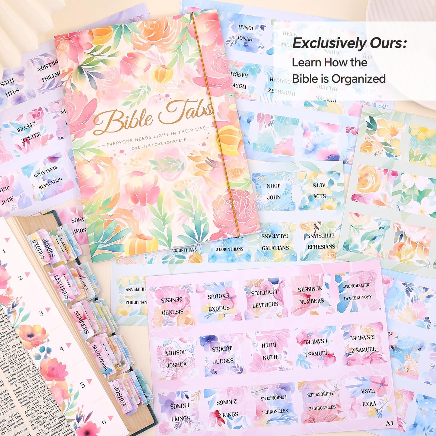 Bible Tabs for Women, 66 Large Print Laminated Bibles Chapters Index Tabs and 39 Blank Dividers Sticky Labels, Cute Beauty Bloom Bible Study Supplies, Journaling Accessories, Christian Gifts for Men