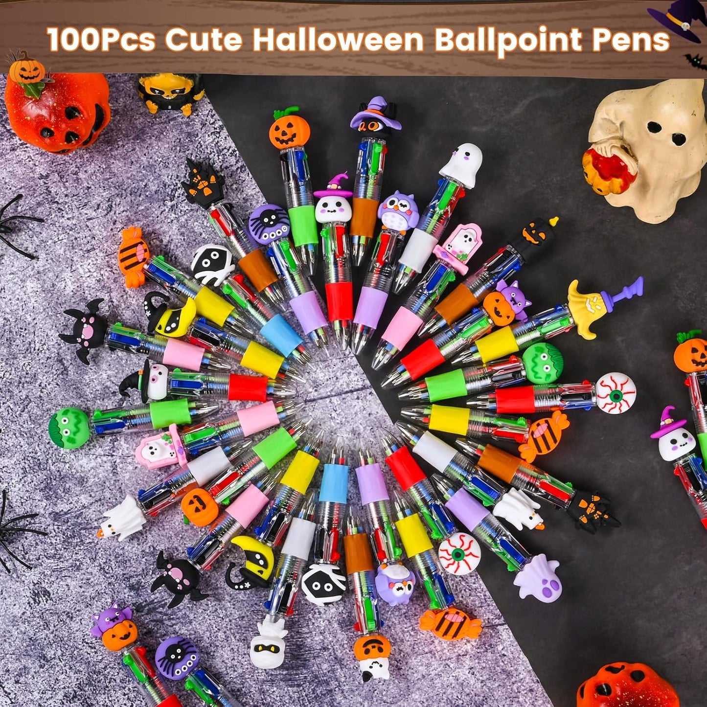 LiYiQ 100 Pcs Halloween Colorful Multicolor Pen in One Cartoon Cute Fun 4-in-1 Cute Pens Bulk Kawaii Pumpkin Ghost Bat Shape Cool Ballpoint Pens for Kids Fun Gifts