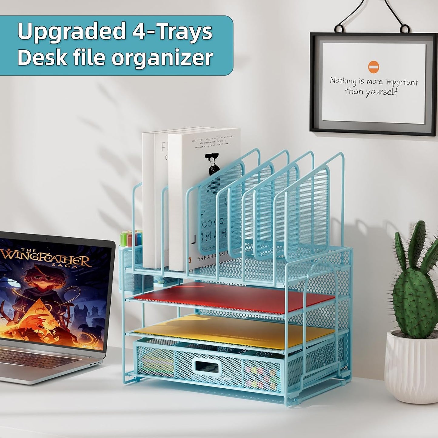 Marbrasse Desk Organizers, 4-Tier Mesh Desk File Organizer with 5 Vertical File Holders and 2 Pen Holders, Multifunction Desktop Organizer,Desk Organizers and Accessories for Home Office (Blue)