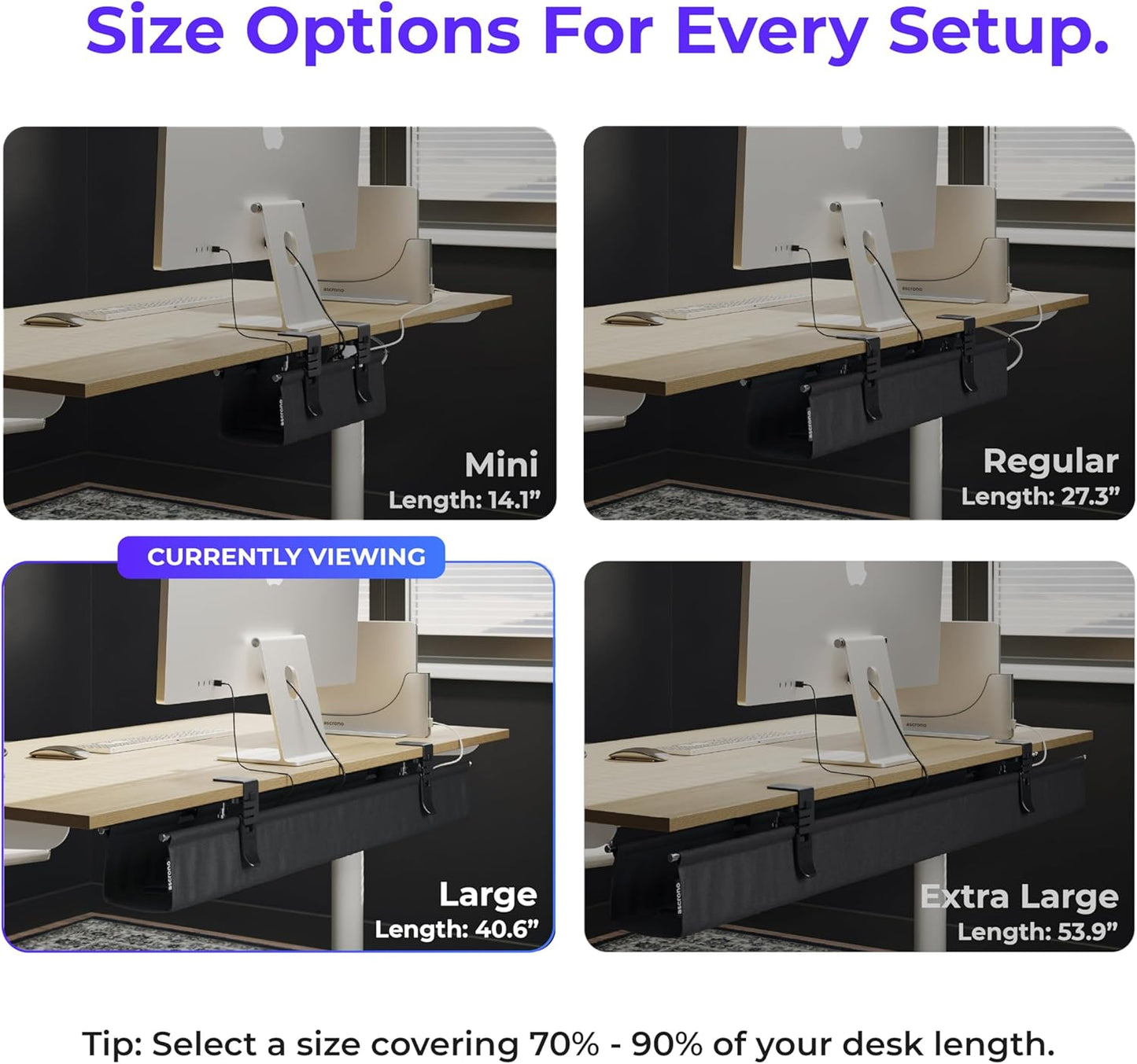 Original No Drill Under Desk Cable Management Tray 40.6" - Premium Black Fabric Cable Management Under Desk - Clamp/Screw Mount Cord Organizer - Supports Upto 66lbs - Large