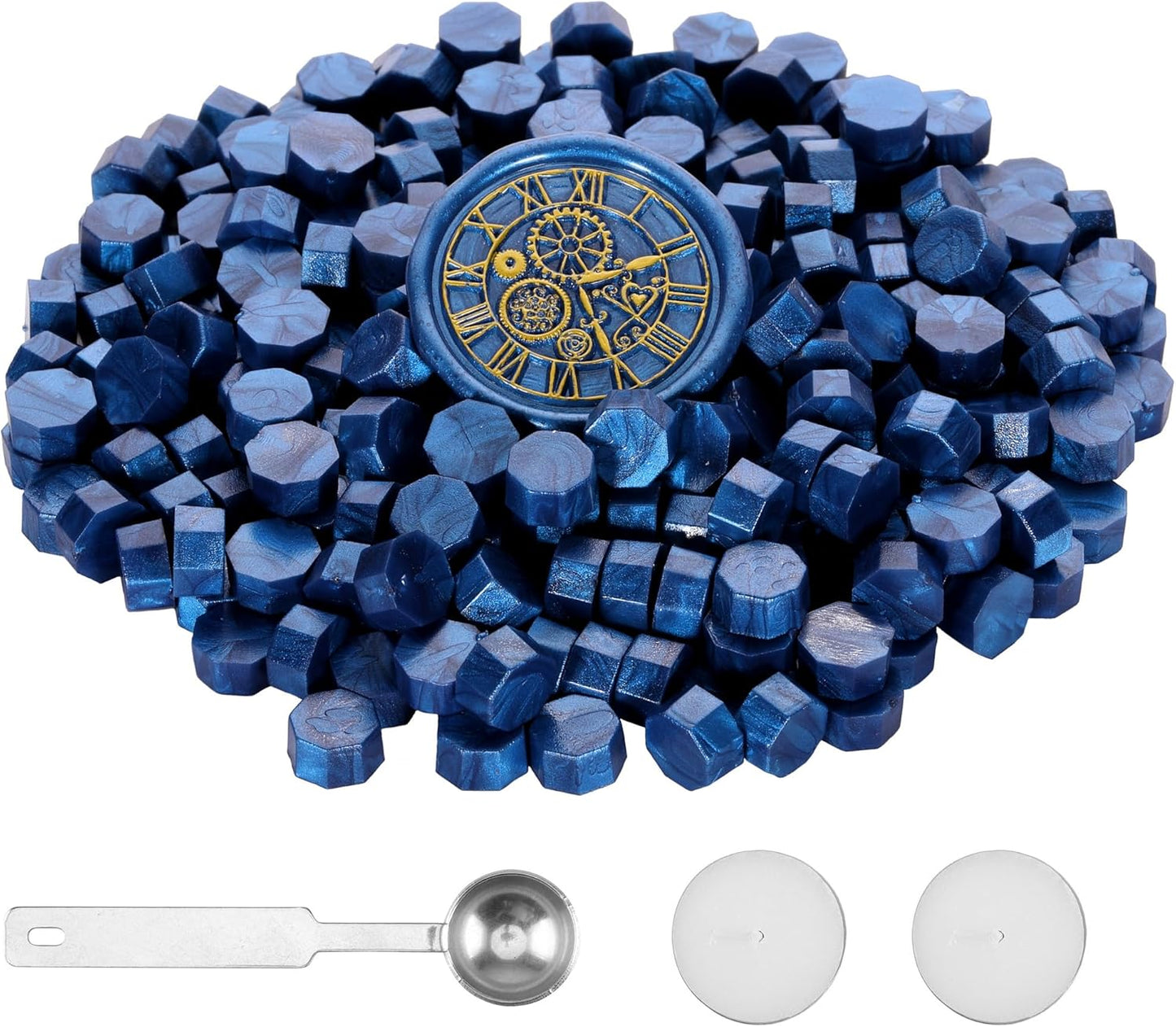 Yoption 300 Pieces Bright Blue Sealing Wax Beads, Vintage Octagon Seal Beads With 4 Candles and 2 Melting Spoons for Wax Stamp (Bright Blue)