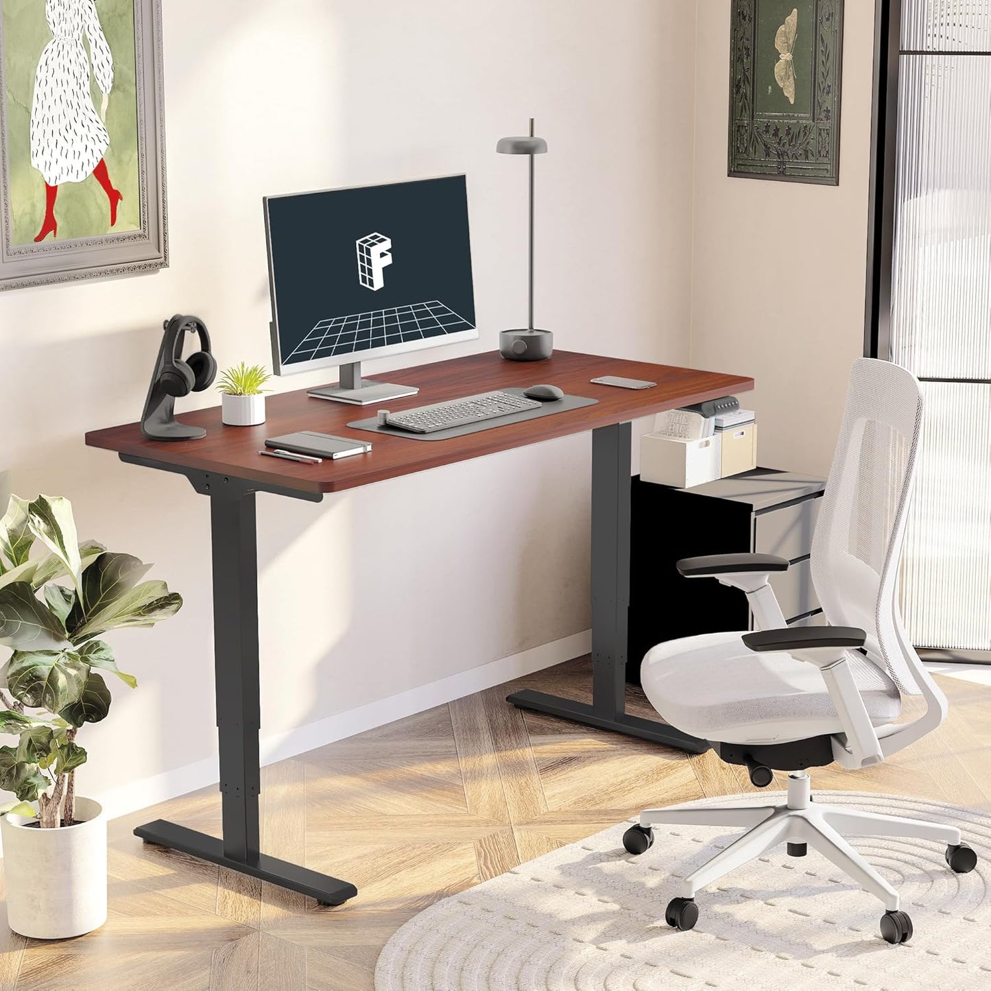 FLEXISPOT E6 Essential 3 Stages Dual Motor Electric Standing Desk 55x28 Inch Whole-Piece Board Height Adjustable Electric Sit Stand Desk(Black Frame + Mahogany Desktop, 2 Packages)