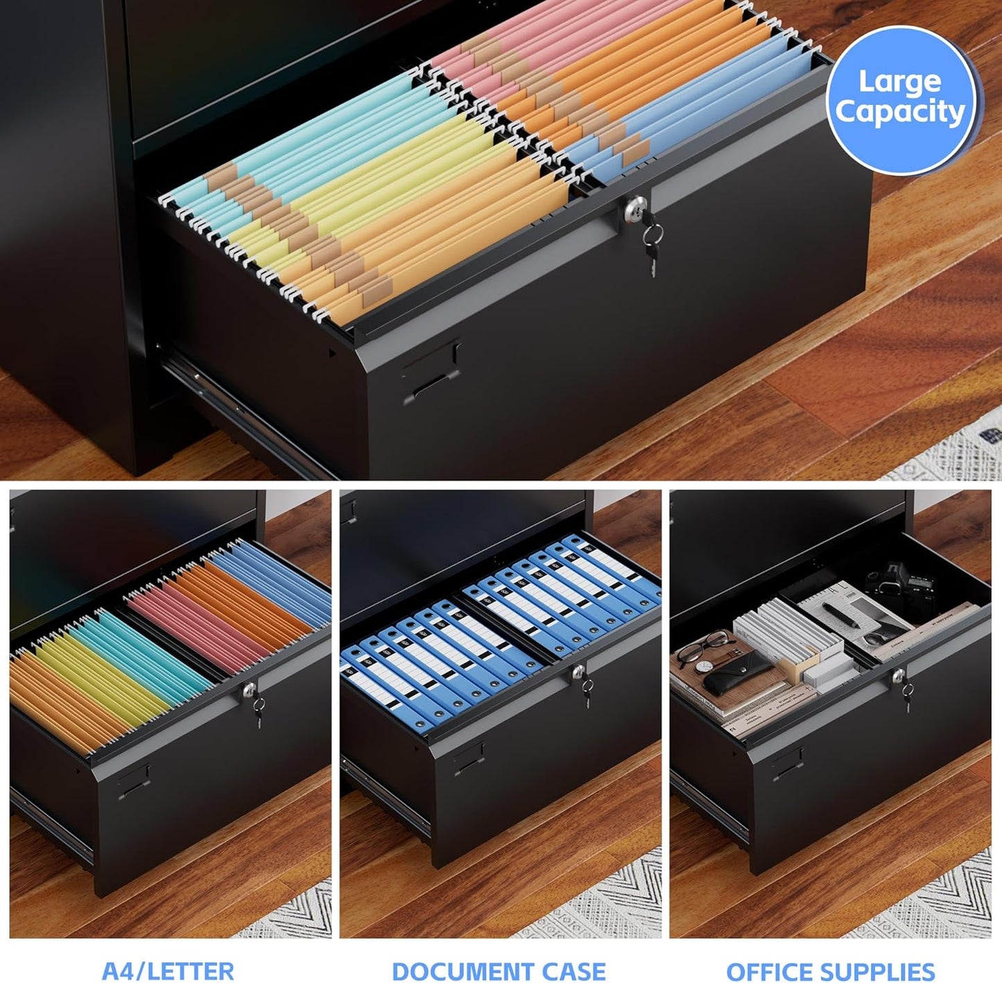 Metal 2 Drawer Lateral File Cabinet with 2 Lock - Wide Filing Cabinet for Letter/Legal/F4/A4 Hanging Files - Includes Business Card Holder,Home Office School Storage,Black