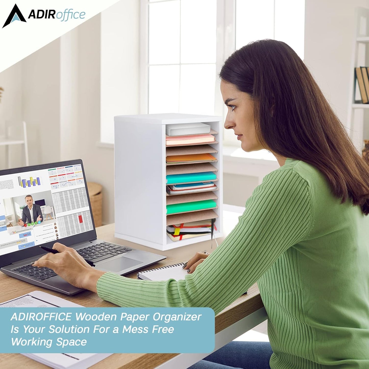 AdirOffice Classroom Mailbox - 11 Compartment Wooden Mail Organizer, Construction Paper Storage, Vertical Desktop Sorter with Slots, Mailboxes With Removable Shelves (11 Slot, White)