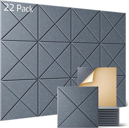 Sonicism 22 Pack X-Lined Acoustic Panels with Self-Adhesive, 12"X 12"X 0.4" Sound Proof Foam Panels, Decorative Soundproof Wall Panels, Sound Absorbing Tile for Home & Offices, Gray