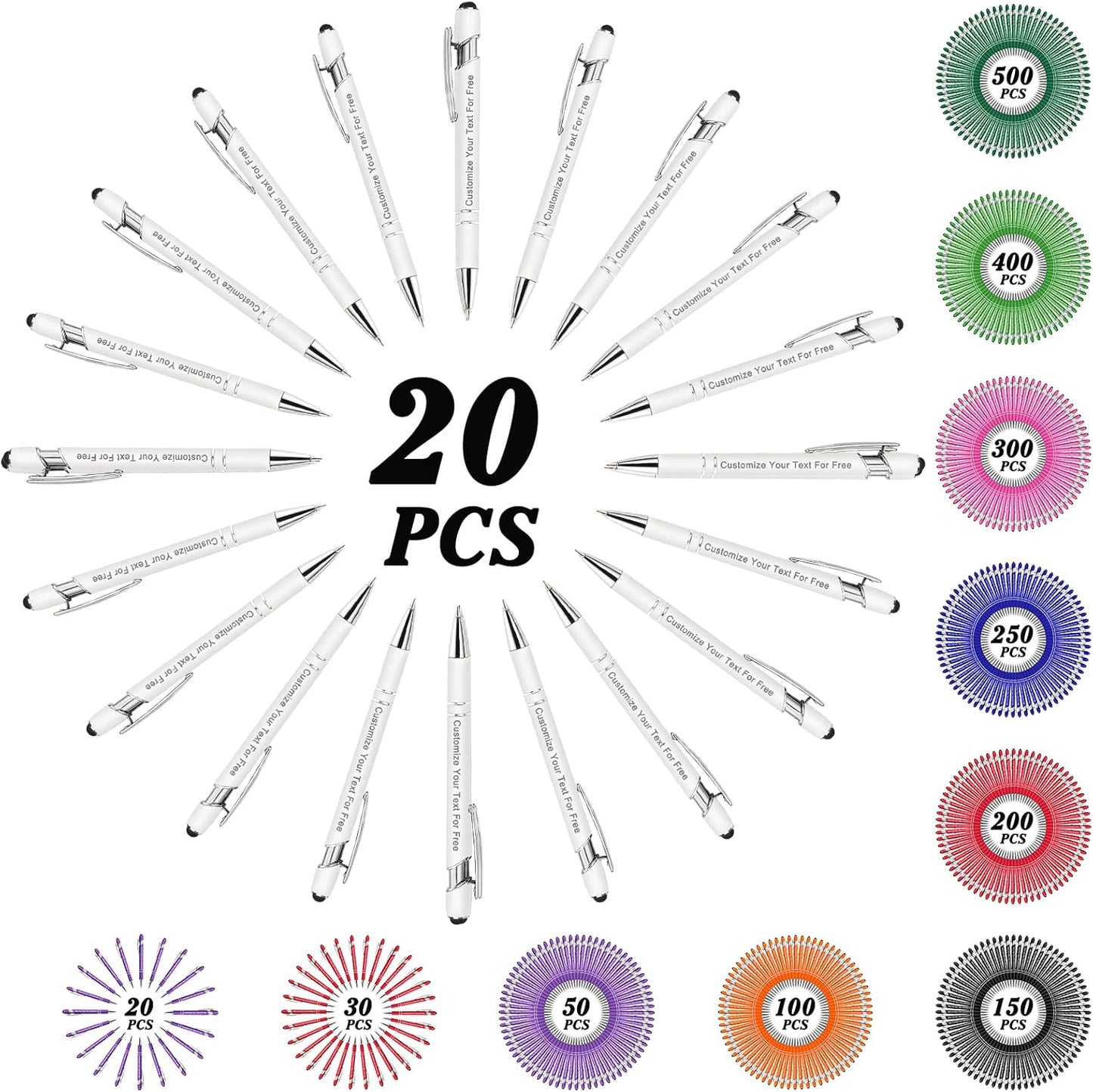 Max 500 Pcs Personalized Pens Bulk, Custom Pens with Free Engraving, Customized Stylus Tip Ballpoint Pen with Your Name Massage Text for School Office Business Graduation Anniversaries-20 Packs