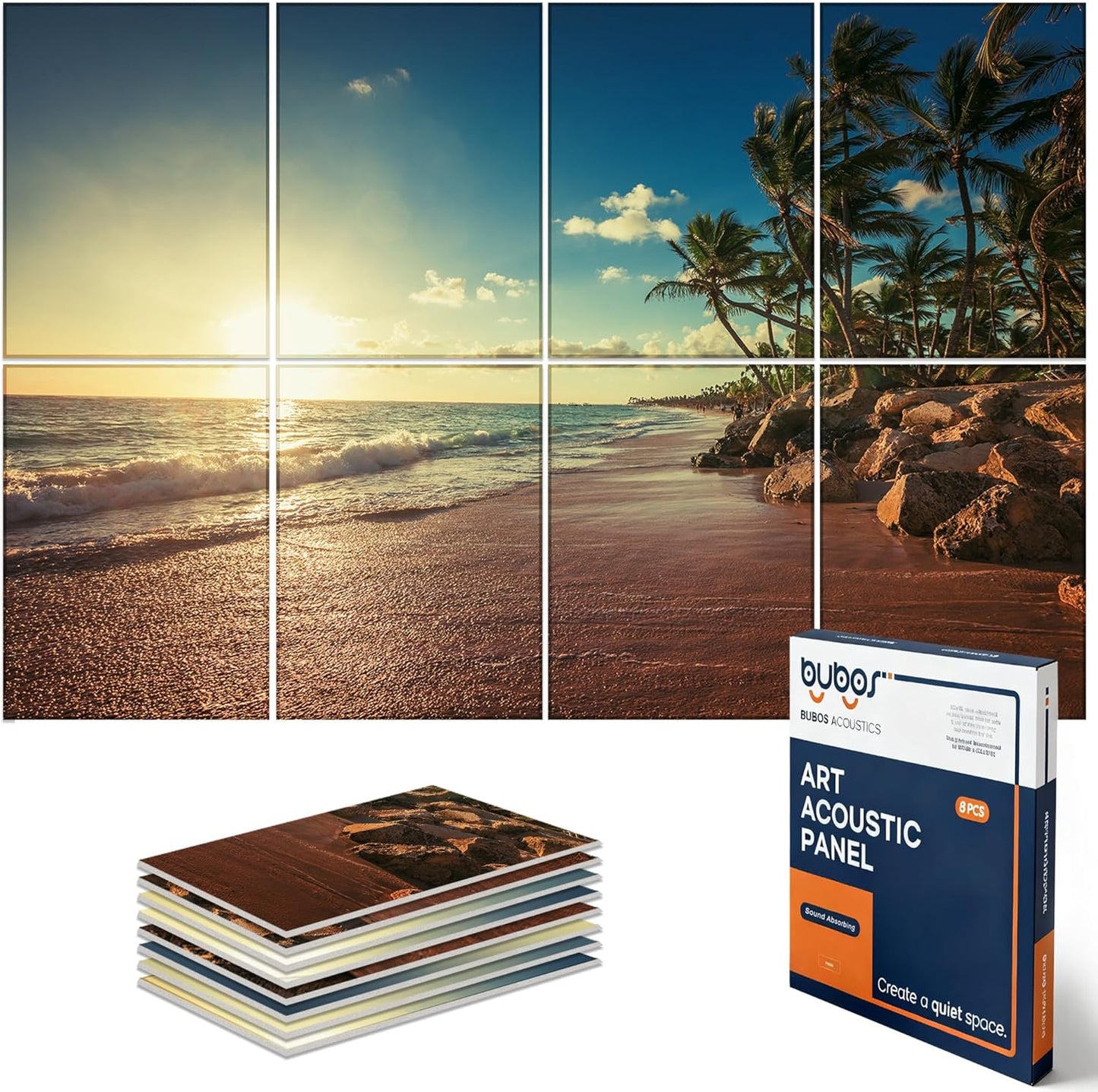 BUBOS 8 Pack Art Acoustic Panels Soundproof Wall Panel,47.2X31.4 Inches Sound Absorbing Panel,Self-adhesive Decorative Acoustical Wall Panels, Acoustic Treatment for Ceiling Home Office（Beach02）