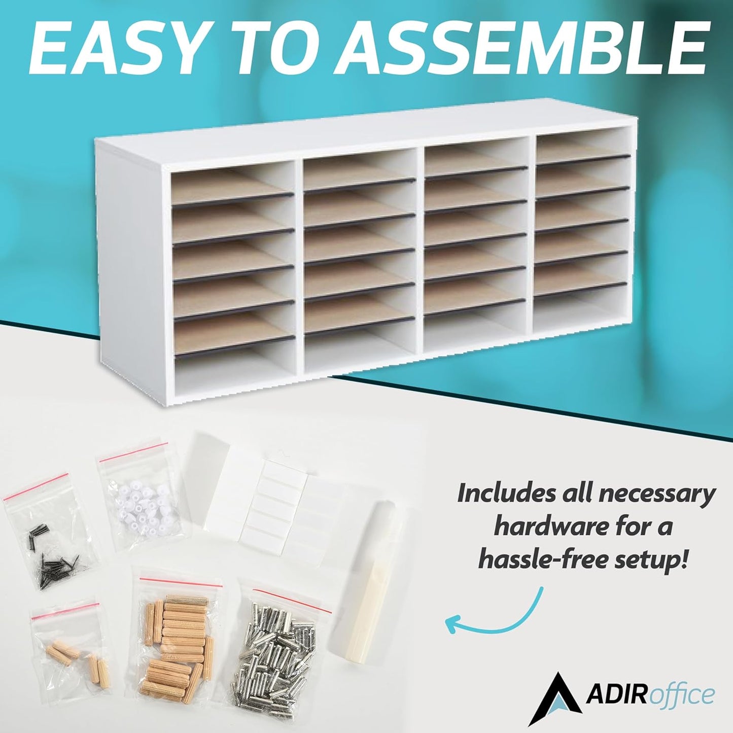 AdirOffice Wooden Adjustable Literature Organizer, 24 Compartment Office Mailbox, or Classroom Literature Organizer, White