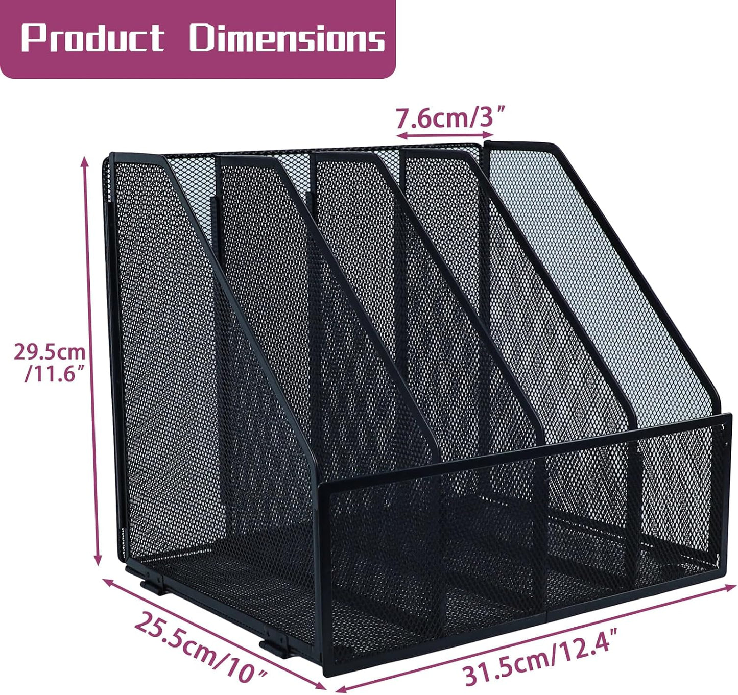 Desk Organizers, Metal Magazine File Holder with 4 Vertical Compartments Rack Binder File Organizer for Office Supplies, Home Workspace - Black