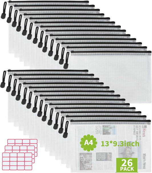 Vuzvuv 26pcs A4 Size 13"x 9.3" Mesh Zipper Pouch Zipper Bags,Document File Folders with Label Sticker,Waterproof Plastic Mesh Bag for File, Makeup, Board Game School Office Home Travel Storage