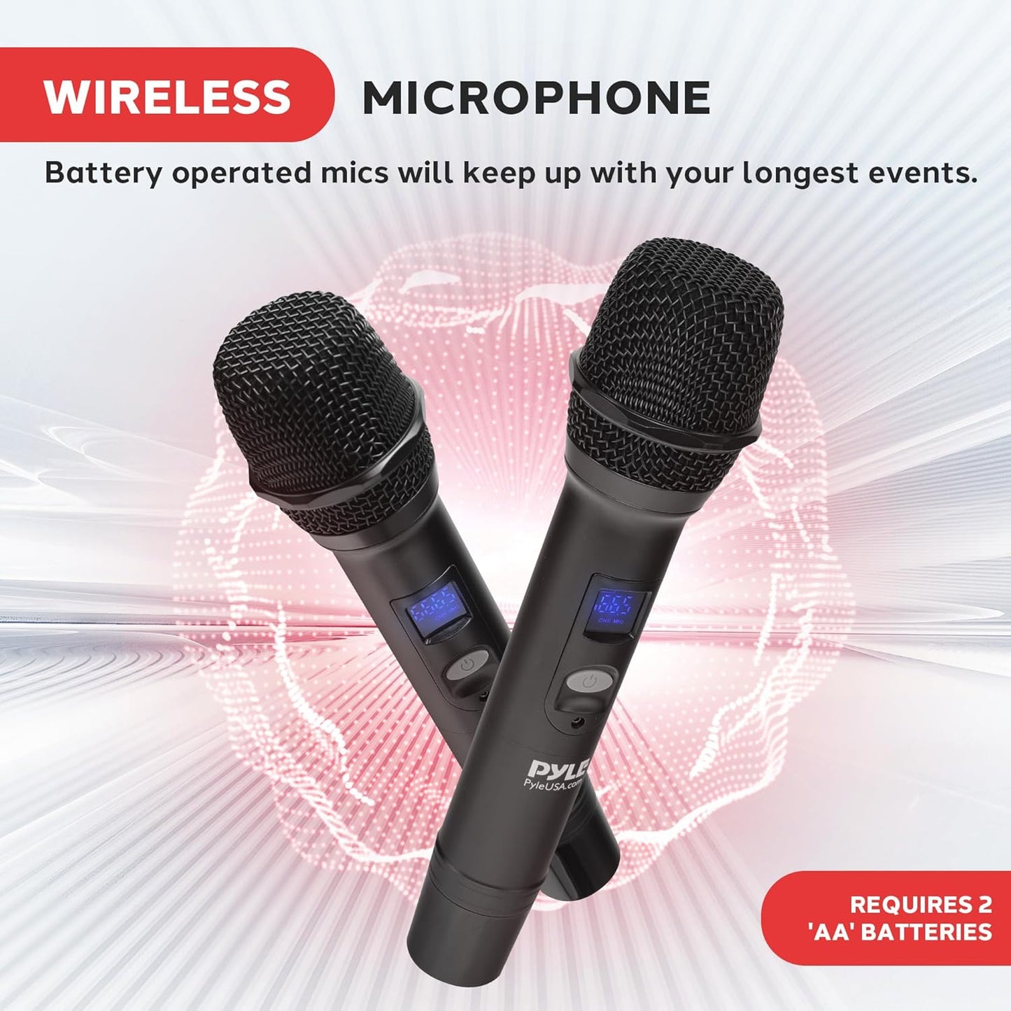 Pyle Digital Wireless Microphone System with Bluetooth - Includes 2 Dynamic UHF Handheld Mics, Portable Long-Range Receiver w/Built-in Echo Effect - for Live Pro Audio, Karaoke, Studio - PDWM813BK