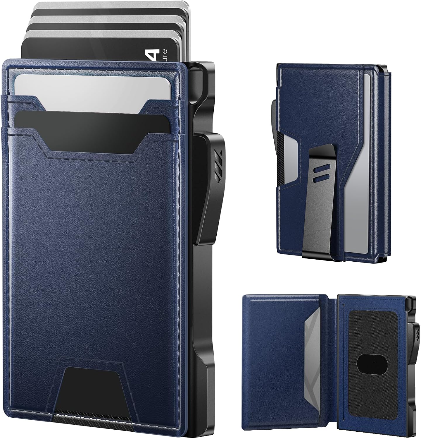 typecase Wallet for Men: Rfid-blocking with Money Clip Slim Leather Bifold ID Window Smart Pop Up Card Case Front Pocket Wallet with Gift Box (Navy Blue)