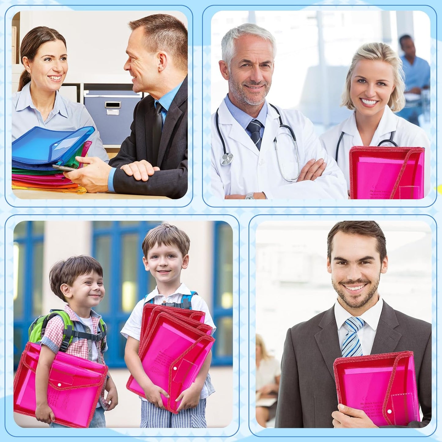 4 Pack A4 Expanding Plastic File Folders Waterproof Document Organizer with Snap Button Multiple Pockets, Office Home Office Storage (Rose Red)