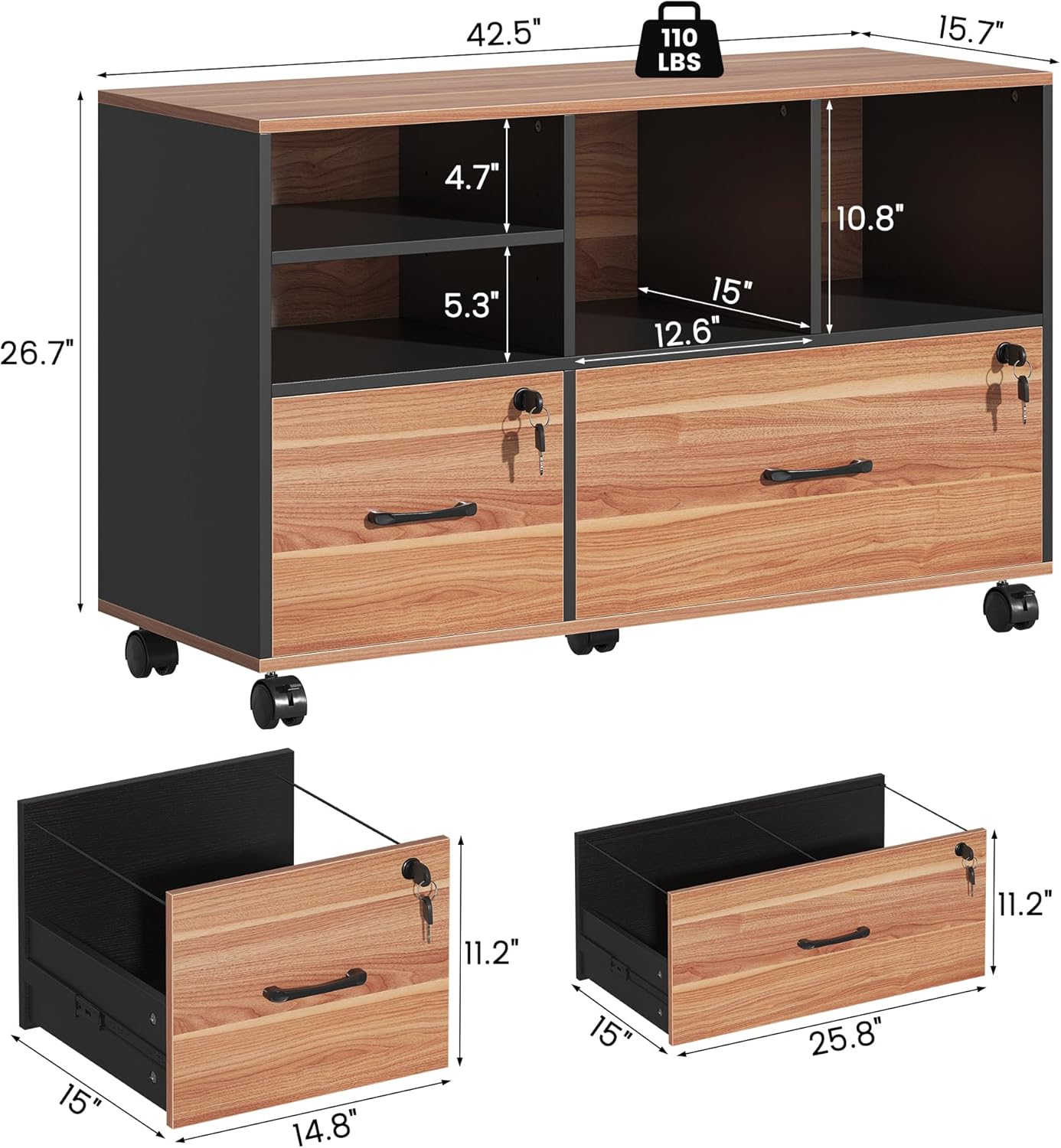2 Drawer Wood Mobile Large Lateral File Cabinet with Lock, Lockable Rolling Filing Cabinet with Storage Shelves, Printer Stand Office Storage Cabinet for Home Office Fits Files Legal/A4