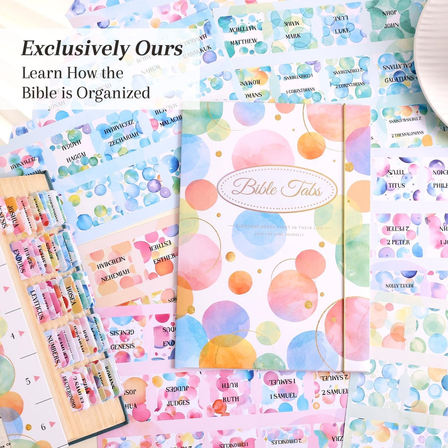 Bible Tabs for Women, 66 Large Print Laminated Bibles Chapters Index Tabs and 39 Blank Dividers Sticky Labels, Cute Beauty Bubble Bible Study Supplies, Journaling Accessories, Christian Gifts for Men