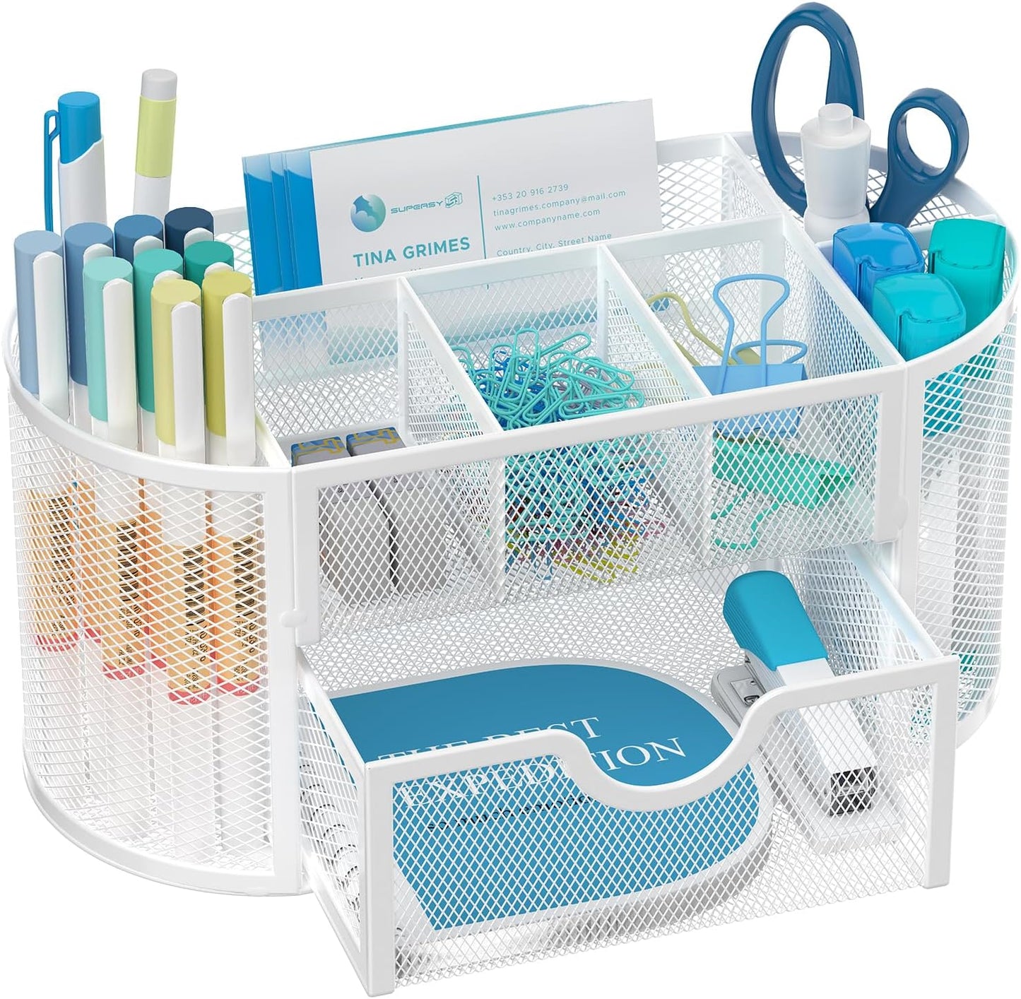 SUPEASY Mesh Desk Organizer, Desk Accessories & Workspace Organizers with Drawers, Pencil Holder for Desk with 9 Compartments for Office Suppliess, 8.6 x 4.3 x 4.1 Inch, White