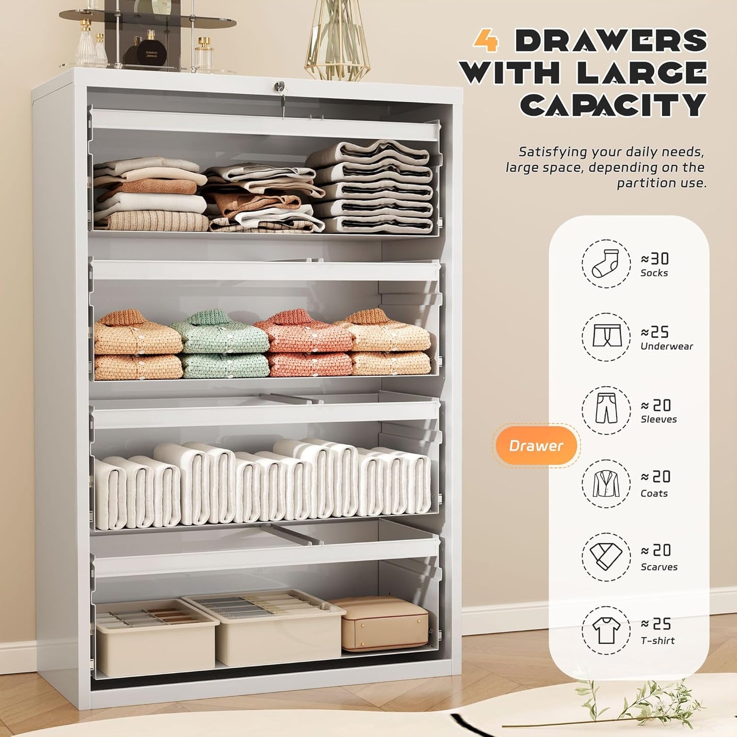 Superday Lateral File Cabinet 4 Drawer Metal File Cabinet with Lock, White Filing Cabinets for Home Office, Locking Filing Cabinets Hanging Files Letter/Legal/F4/A4