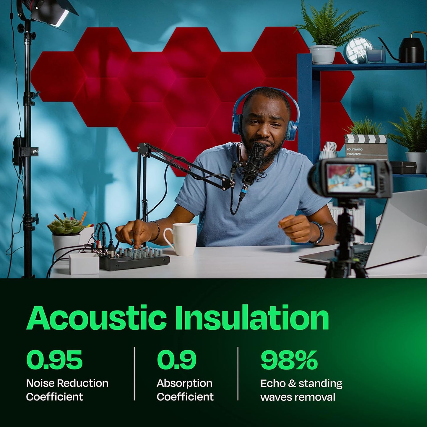 Acoustic Panels 12-Pack Soundproof Wall Panels 12"X10.4"X0.4" Sound Panels High Density Sound Dampening Panels - [Candy Red Hexagon]