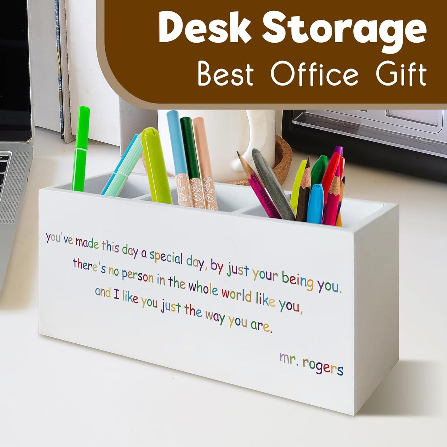 Mr.Rogers Inspirational Quotes Pen Holder for Desk, Motivational Gifts for Women Men Coworkers, Positive Gifts Wooden Pen Pencil Holder Organizer for Office Desk Accessories