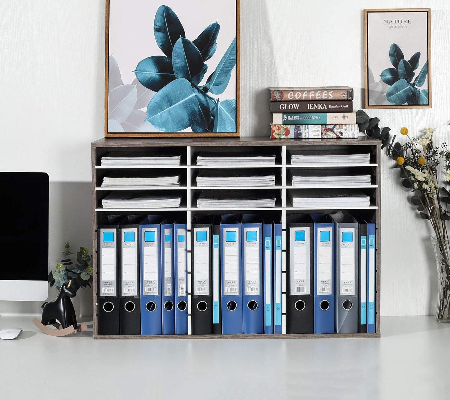 TQVAI Wood Adjustable Literature Organizer Desktop File Sorter Mail Center Paper Storage Cabinet Home & Office Mailbox School Classroom Keepers, 27 Slots Compartments, Retro Grey/White