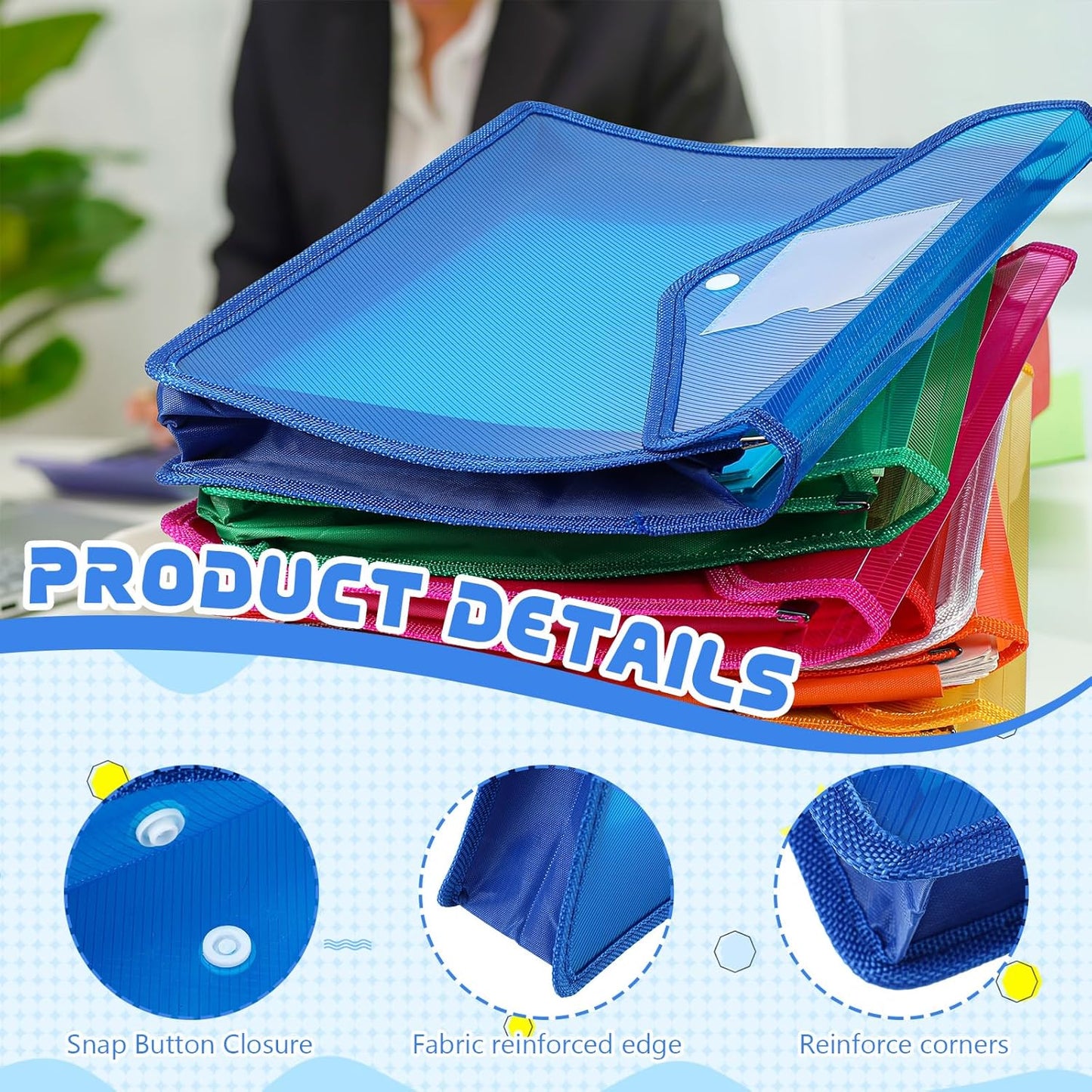 4 Pack A4 Expanding Plastic File Folders Waterproof Document Organizer with Snap Button Multiple Pockets, Office Home Office Storage (Blue)