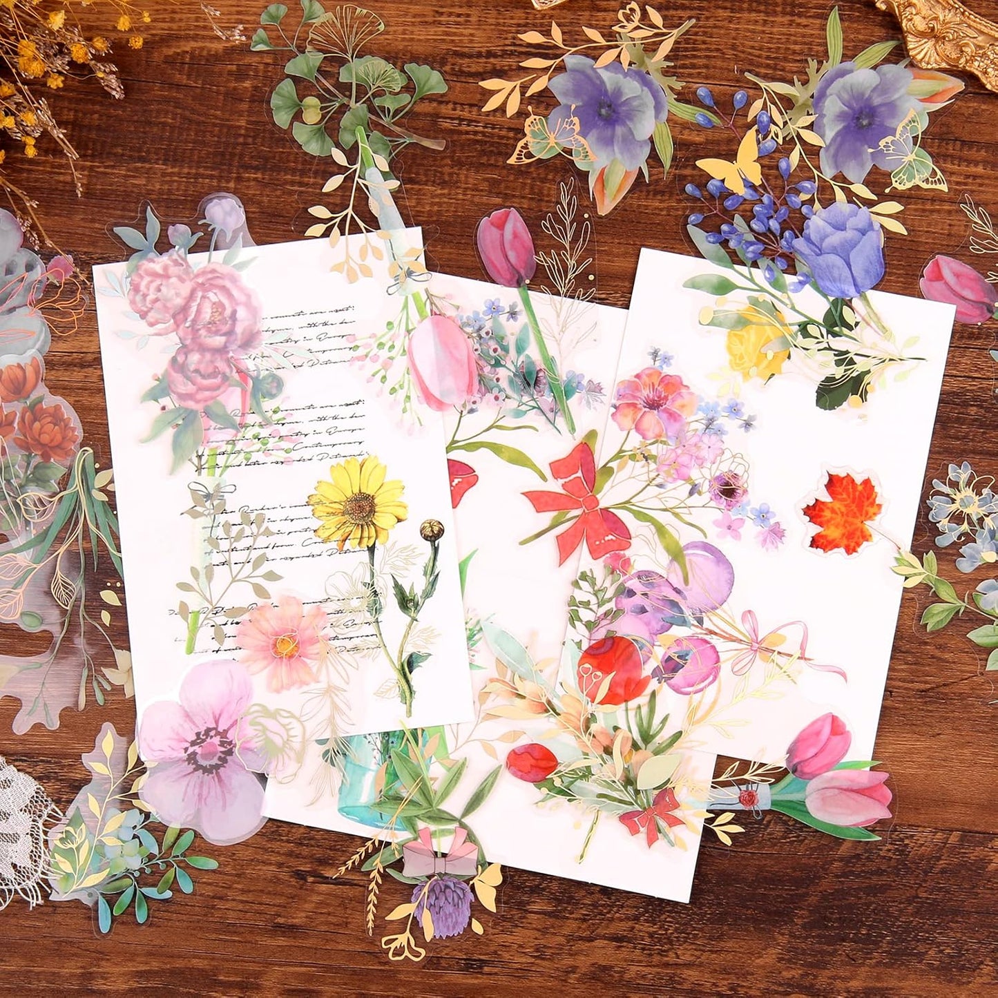 Dizdkizd Gilding Flower Stickers (240 Pieces) - Glitter Watercolor Transparent Stickers for Card Making Scrapbooking Envelopes Wrapped Gifts Arts and Crafts Journaling