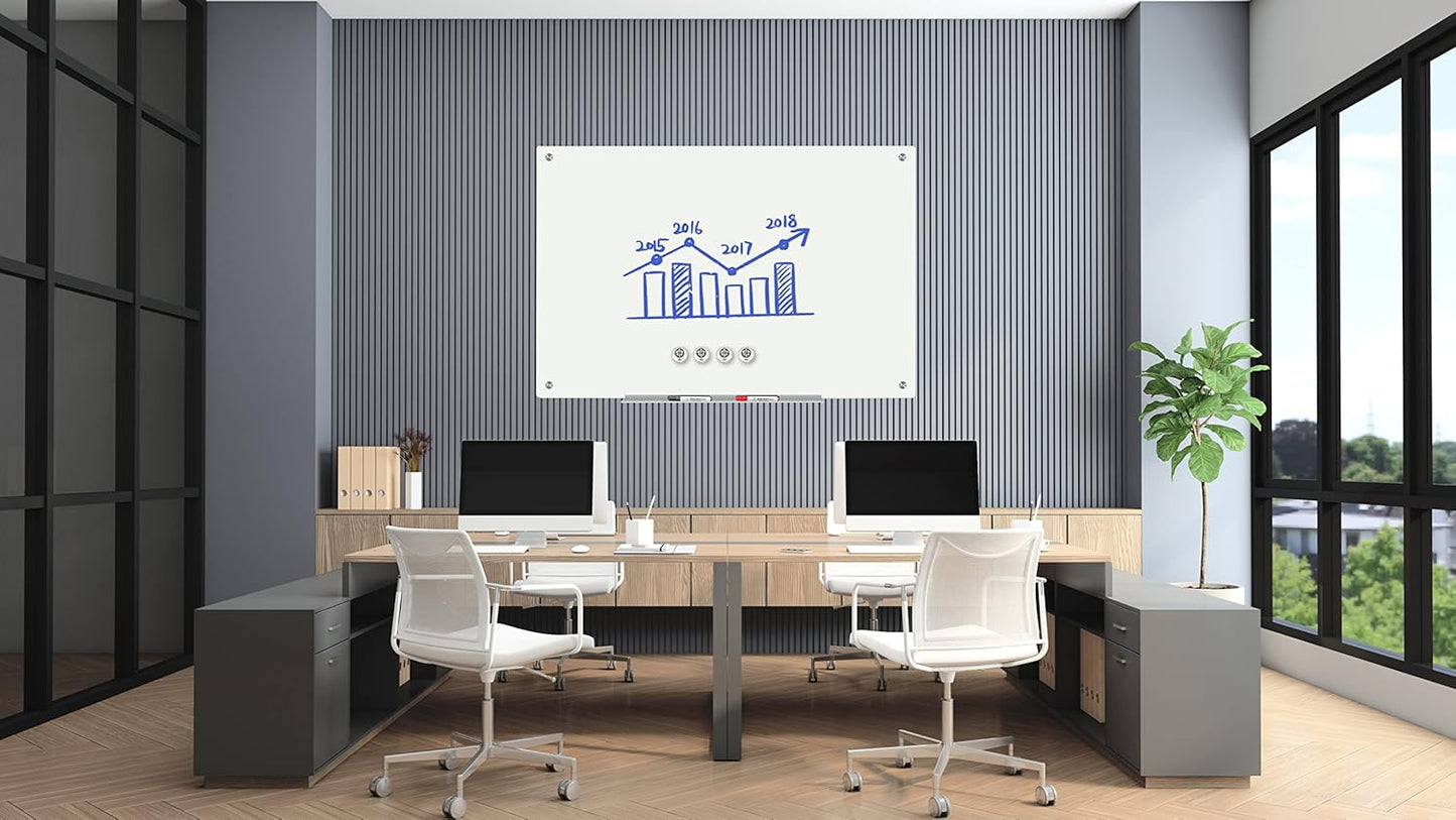 J&J worldwide Glass Whiteboard 47"x35", Magnetic White Board Glass Dry Erase Board Large Frameless Glass White Board for Office, Home & School with Marker Tray & Markers