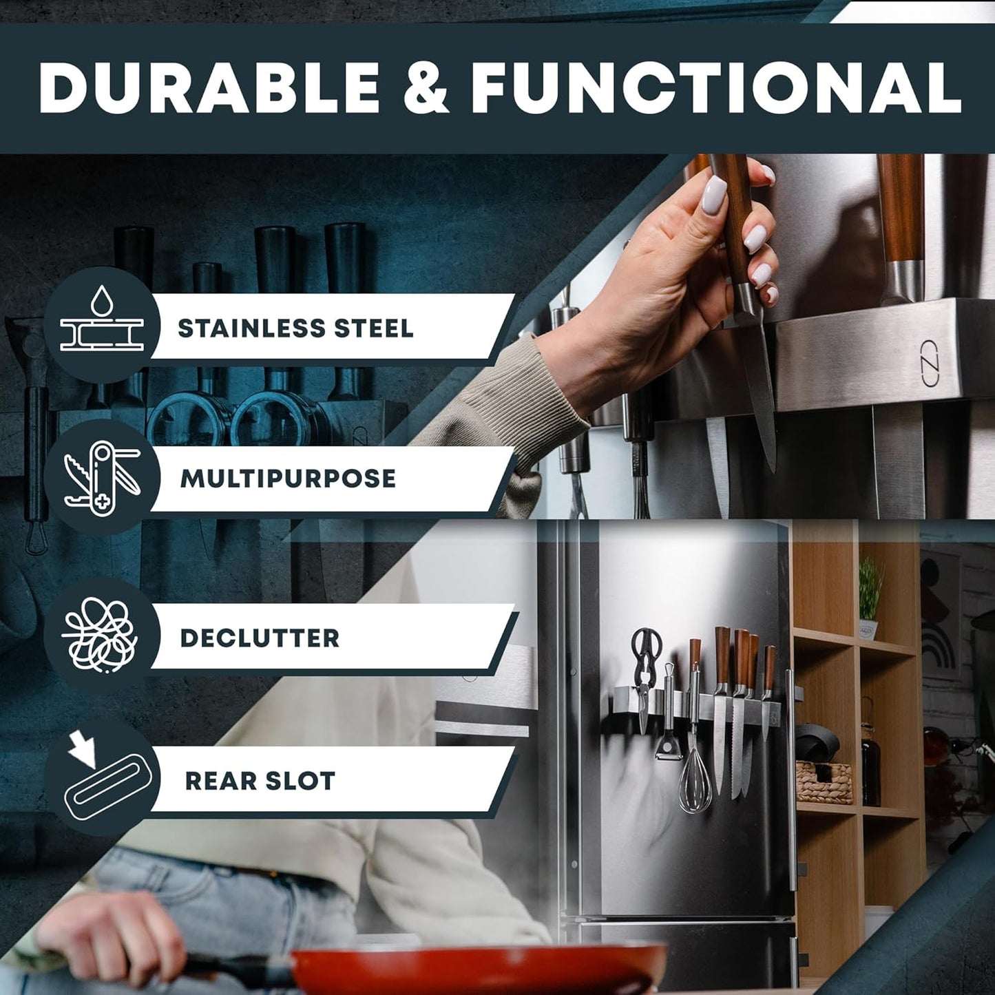 24" Magnetic Knife Holder for Wall with 2x Storage - Safe, Patented Storage Design - Stainless Steel Knife Magnetic Strip, Under Cabinet Knives Storage - Magnet Strip Rack Kitchen Utensil Organizer