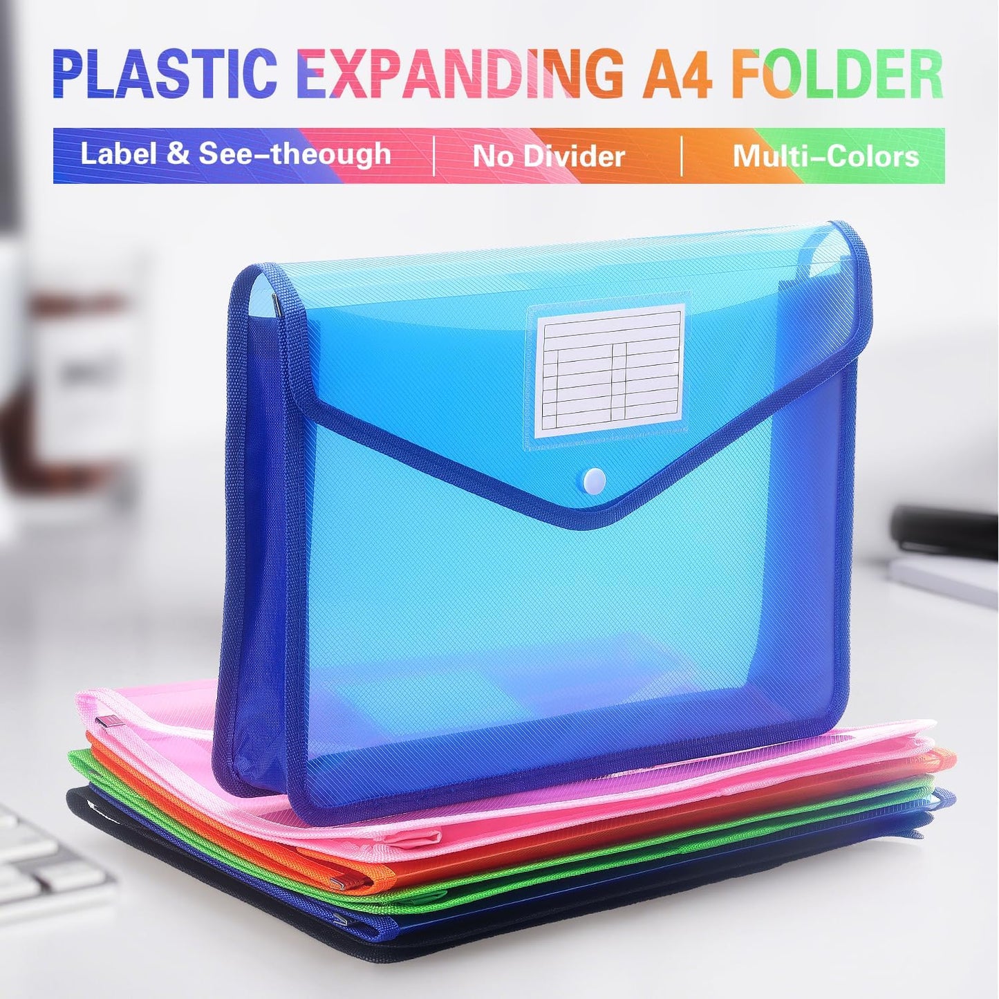 Plastic Expanding File Folder, Transparent envelopes with Snap Closure, No Dividers, Large Capacity, Fit Letter/A4 Size (Blue)