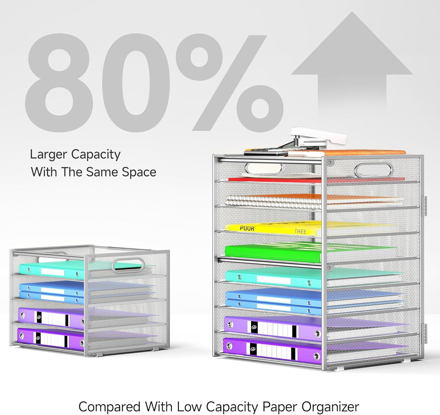 9 Tier Paper Organizer with Handle, Large Capacity Desk Organizer Mesh File Folder Letter Paper Tray Desktop Document Sorter for Classroom, School, and Office Accessories Organization- Silver
