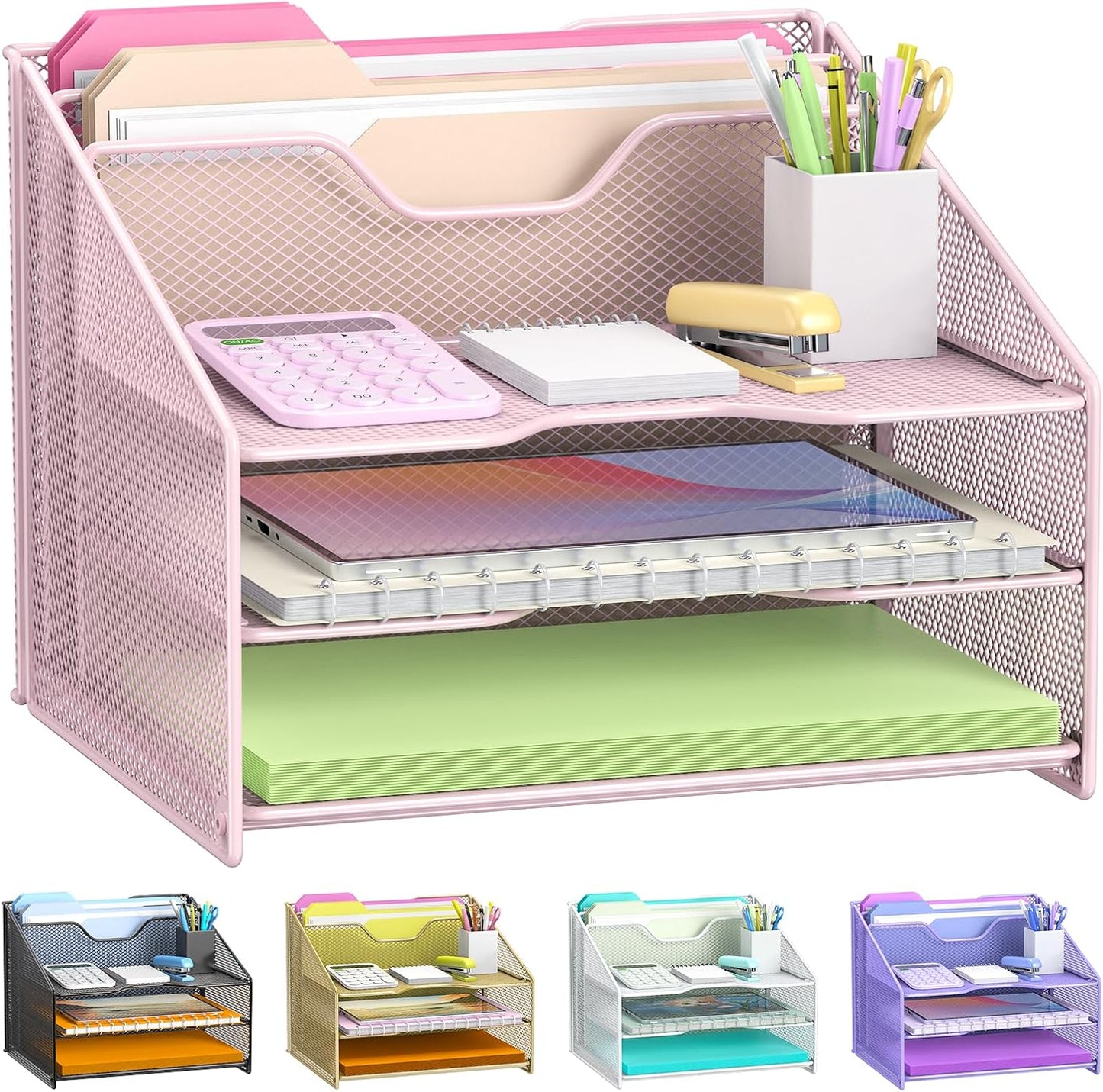 samstar Pink Desk File Organizer, Mesh Letter File Folder Holder with 3 Paper Trays and 2 Vertical Upright Section, for Office Supplies, Desk Accessories & Workspace, Pink