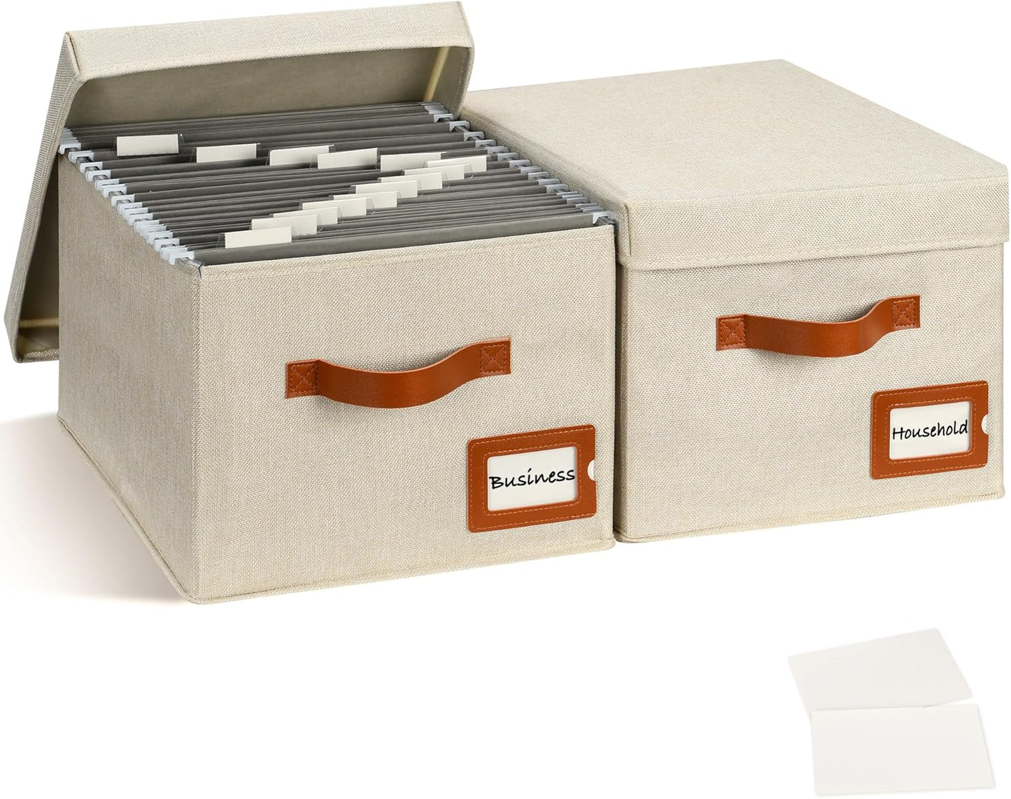 Storage Standard 2-Pack File Organizer Box with Lid - Collapsible Hanging Linen Document Organizer Portable File Boxes, Lightweight & Portable Filing Box Crates with Handles & Extras, Ivory