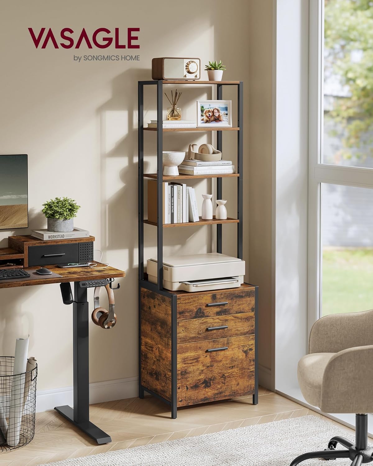 VASAGLE File Cabinet, Home Office Filing Cabinet with Height-Adjustable Open Shelves, 3 Drawers, for A4, Letter-Size Hanging File Folders, Steel Frame, for Home Office, Rustic Brown UOFC078B01