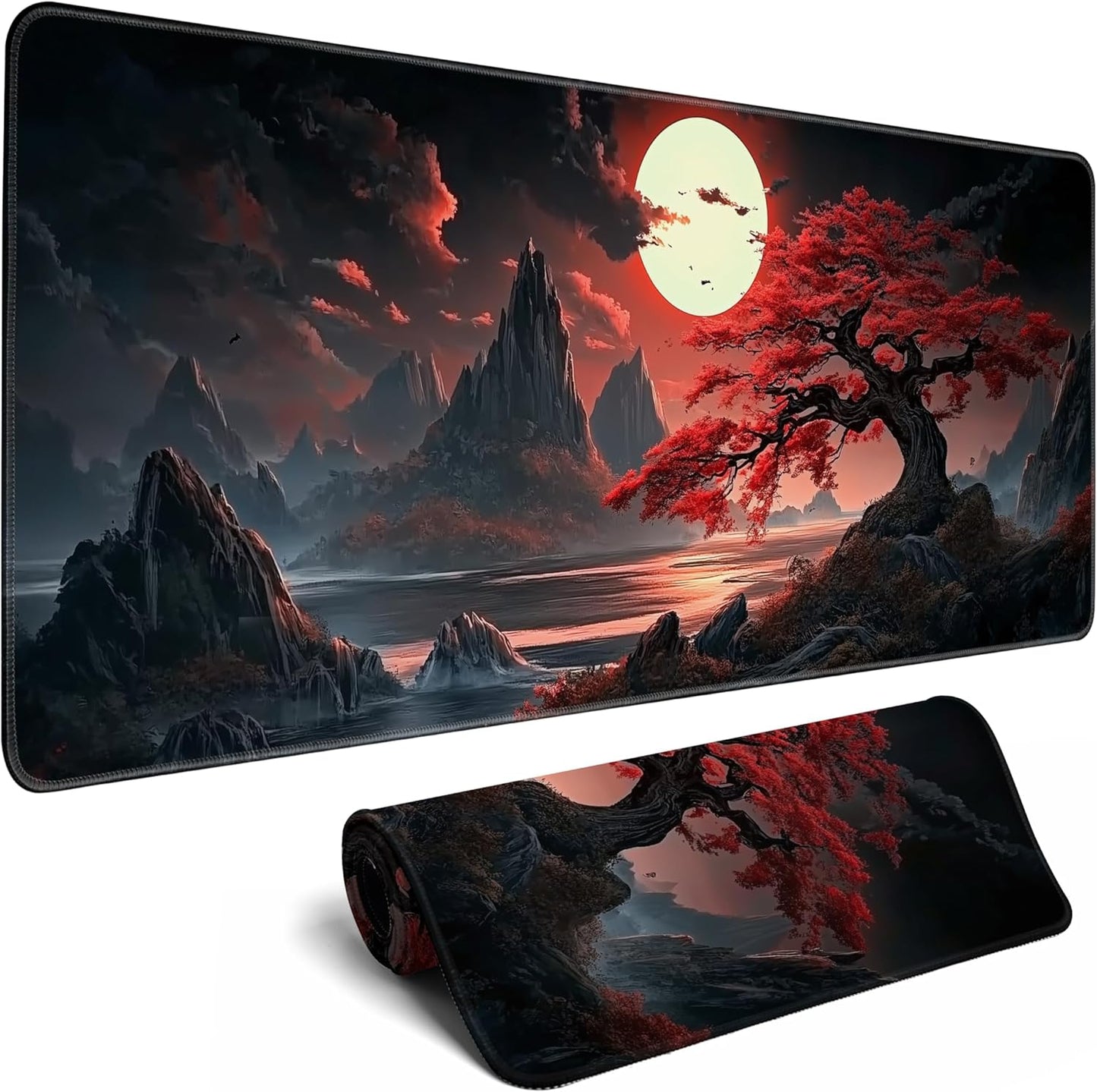 Japanese Desk Mat Riverside Full Moon Large Mouse Pad Gaming Mousepad Extended XL Keyboard Mat Computer Laptop Mouse Desktop Mat 31.5 X 11.8 Desk Decor